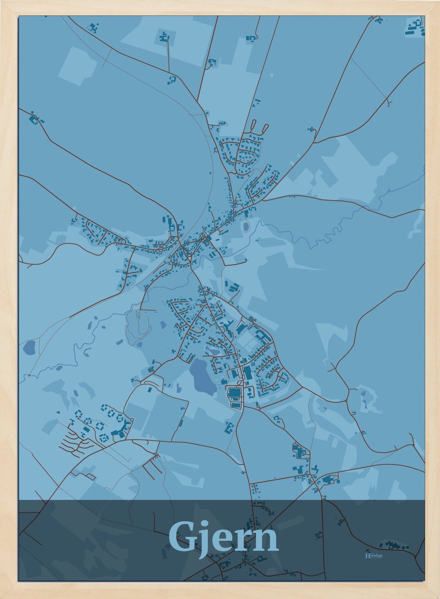 Gjern plakat i farve pastel blå og HjemEgn.dk design firkantet. Design bykort for Gjern