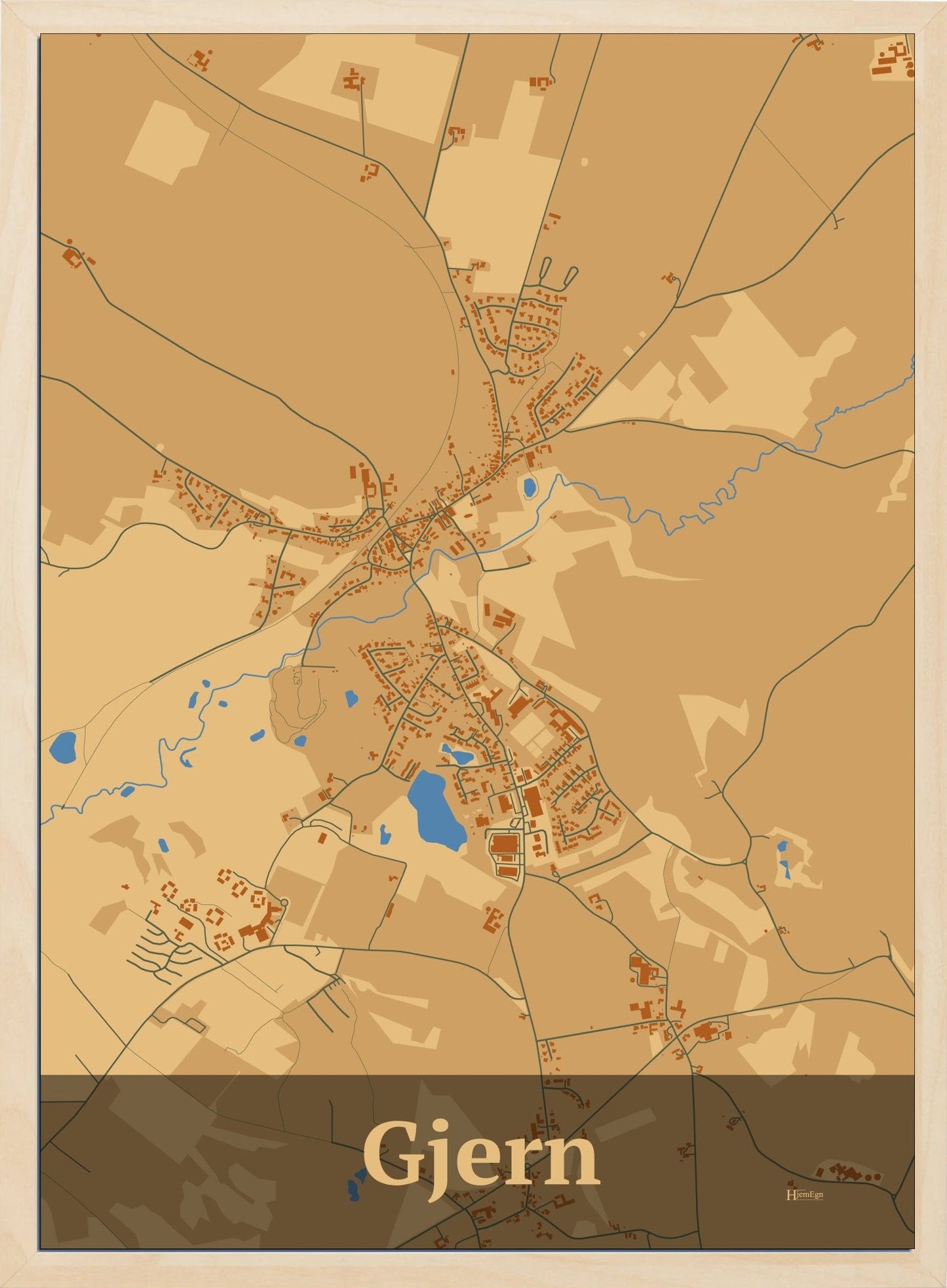 Gjern plakat i farve pastel brun og HjemEgn.dk design firkantet. Design bykort for Gjern