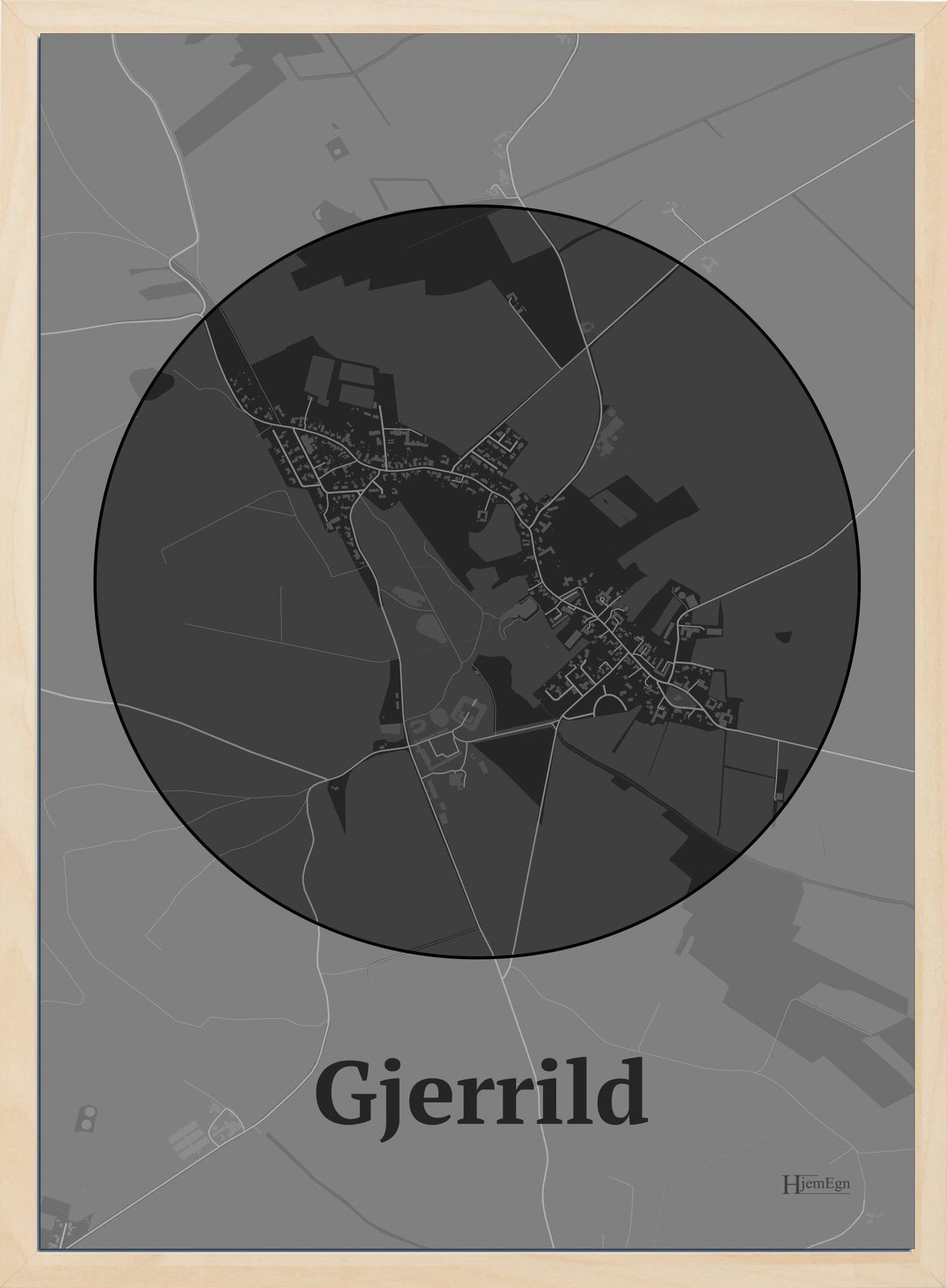 Gjerrild plakat i farve mørk grå og HjemEgn.dk design centrum. Design bykort for Gjerrild