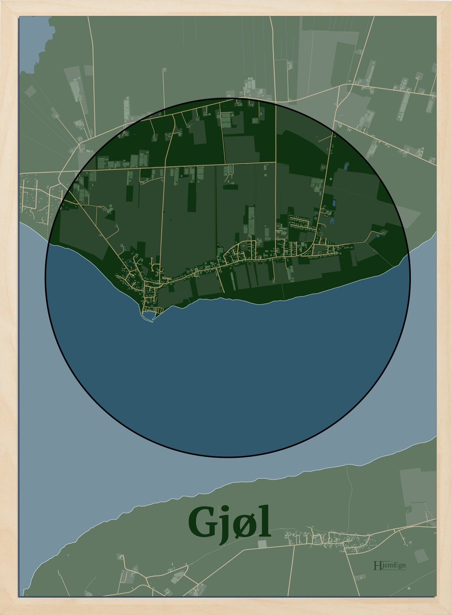 Gjøl plakat i farve mørk grøn og HjemEgn.dk design centrum. Design bykort for Gjøl