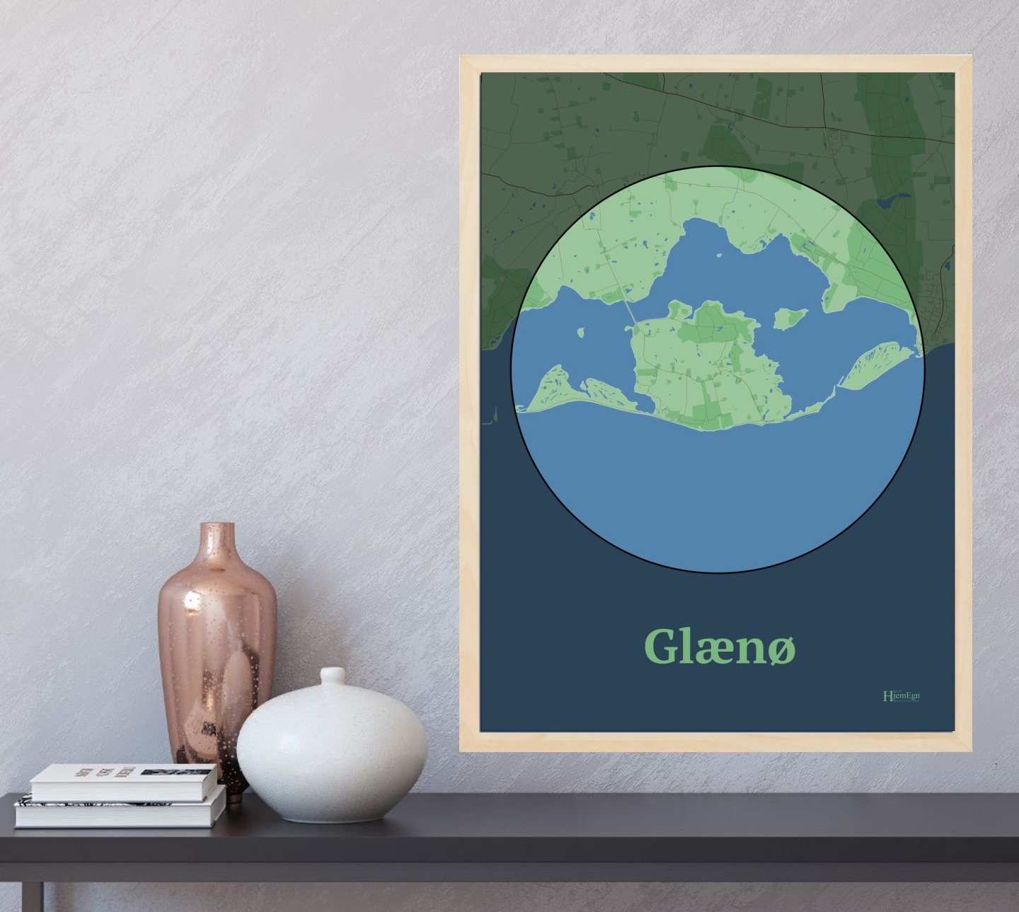 Glænø plakat i farve  og HjemEgn.dk design centrum. Design ø-kort for Glænø