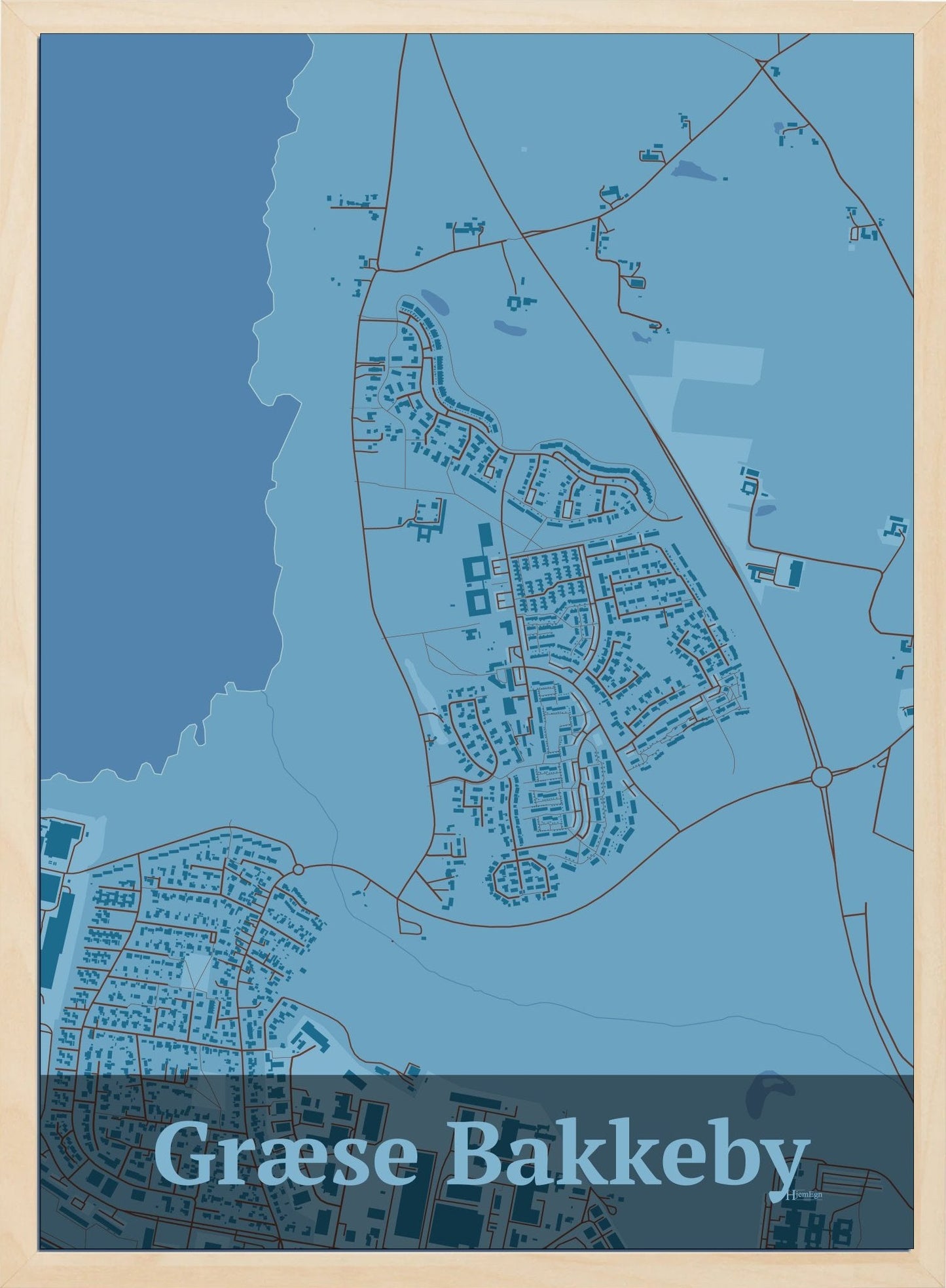 Græse Bakkeby plakat i farve pastel blå og HjemEgn.dk design firkantet. Design bykort for Græse Bakkeby