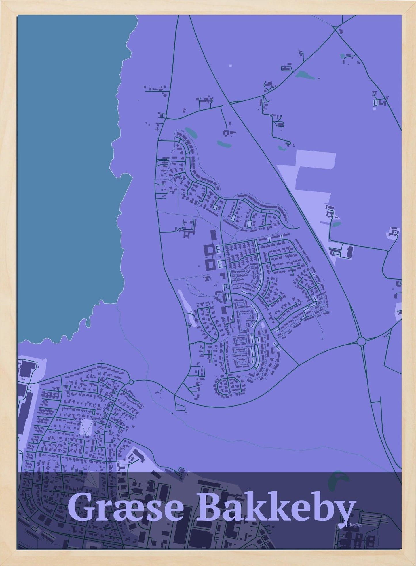 Græse Bakkeby plakat i farve pastel lilla og HjemEgn.dk design firkantet. Design bykort for Græse Bakkeby
