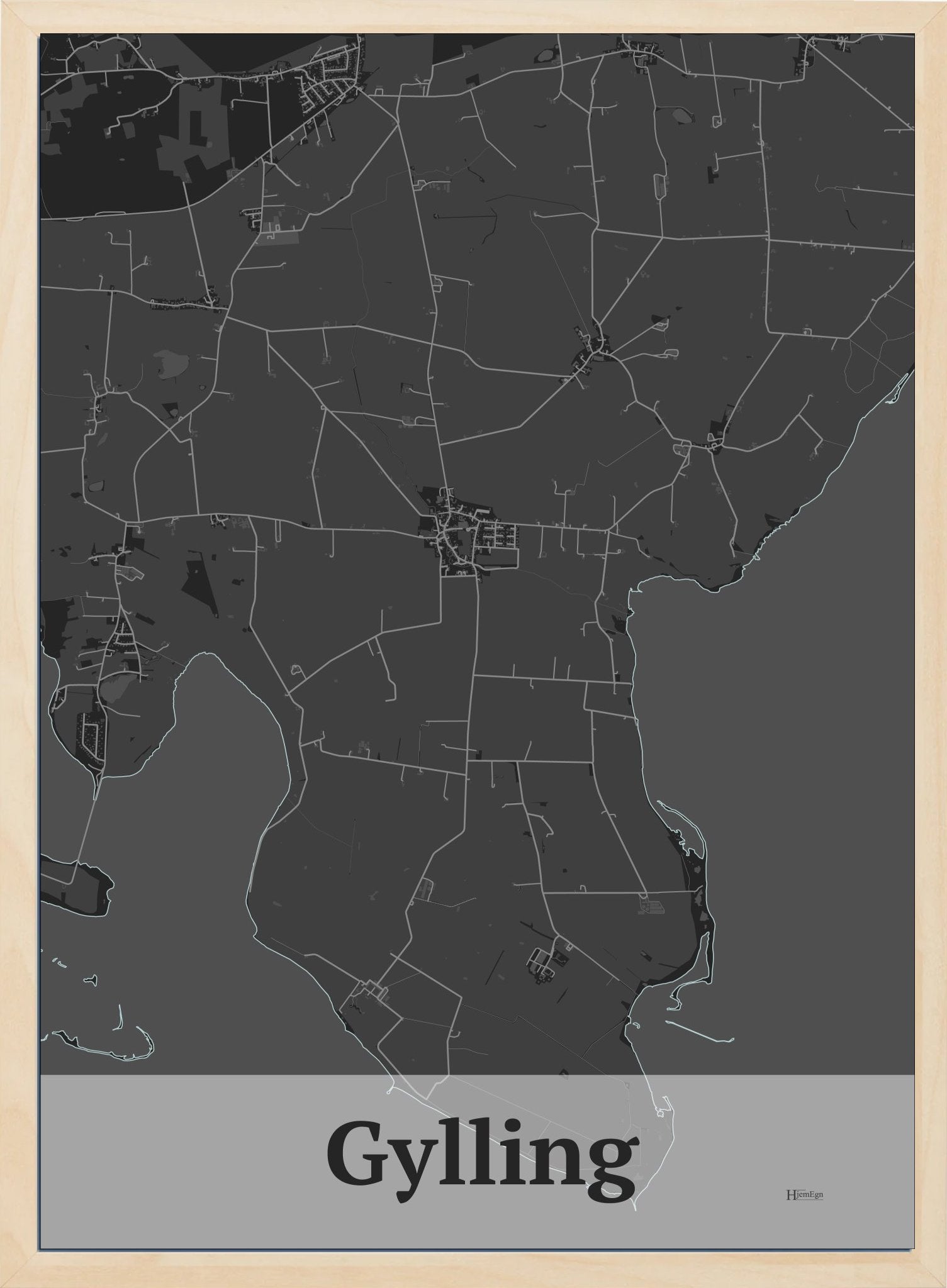 Gylling plakat i farve mørk grå og HjemEgn.dk design firkantet. Design bykort for Gylling