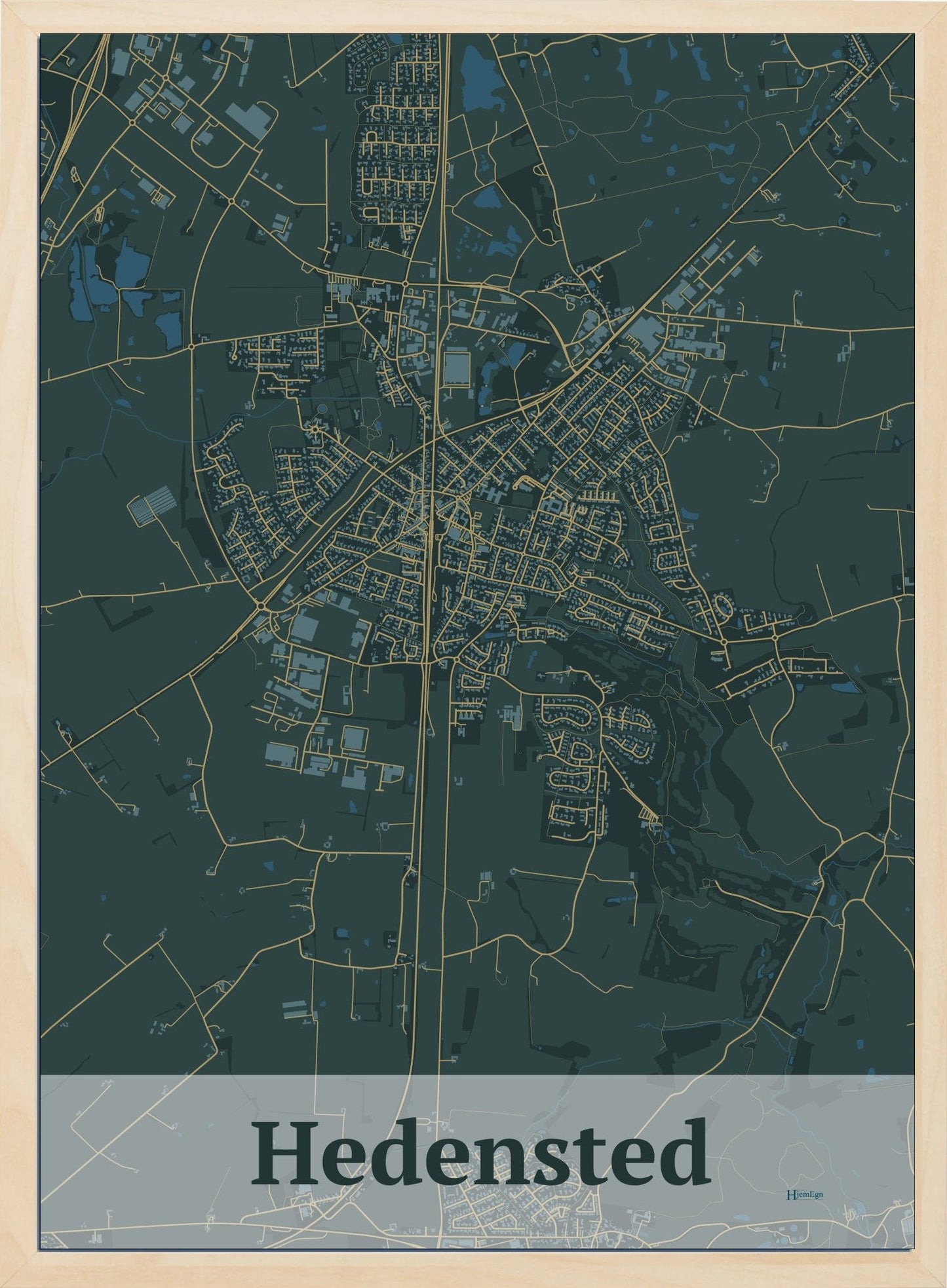 Hedensted plakat i farve mørk grøn og HjemEgn.dk design firkantet. Design bykort for Hedensted