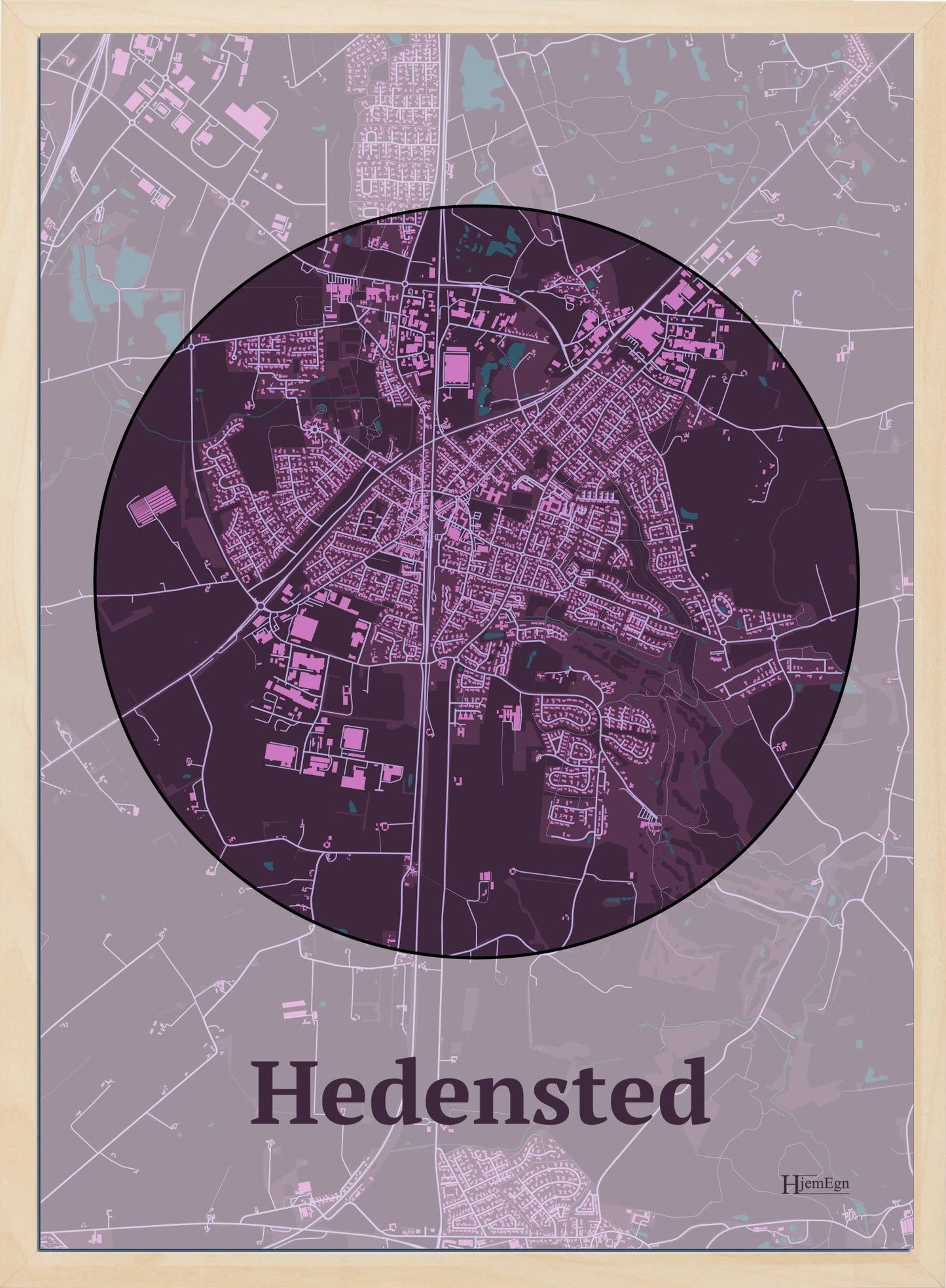 Hedensted plakat i farve mørk rød og HjemEgn.dk design centrum. Design bykort for Hedensted