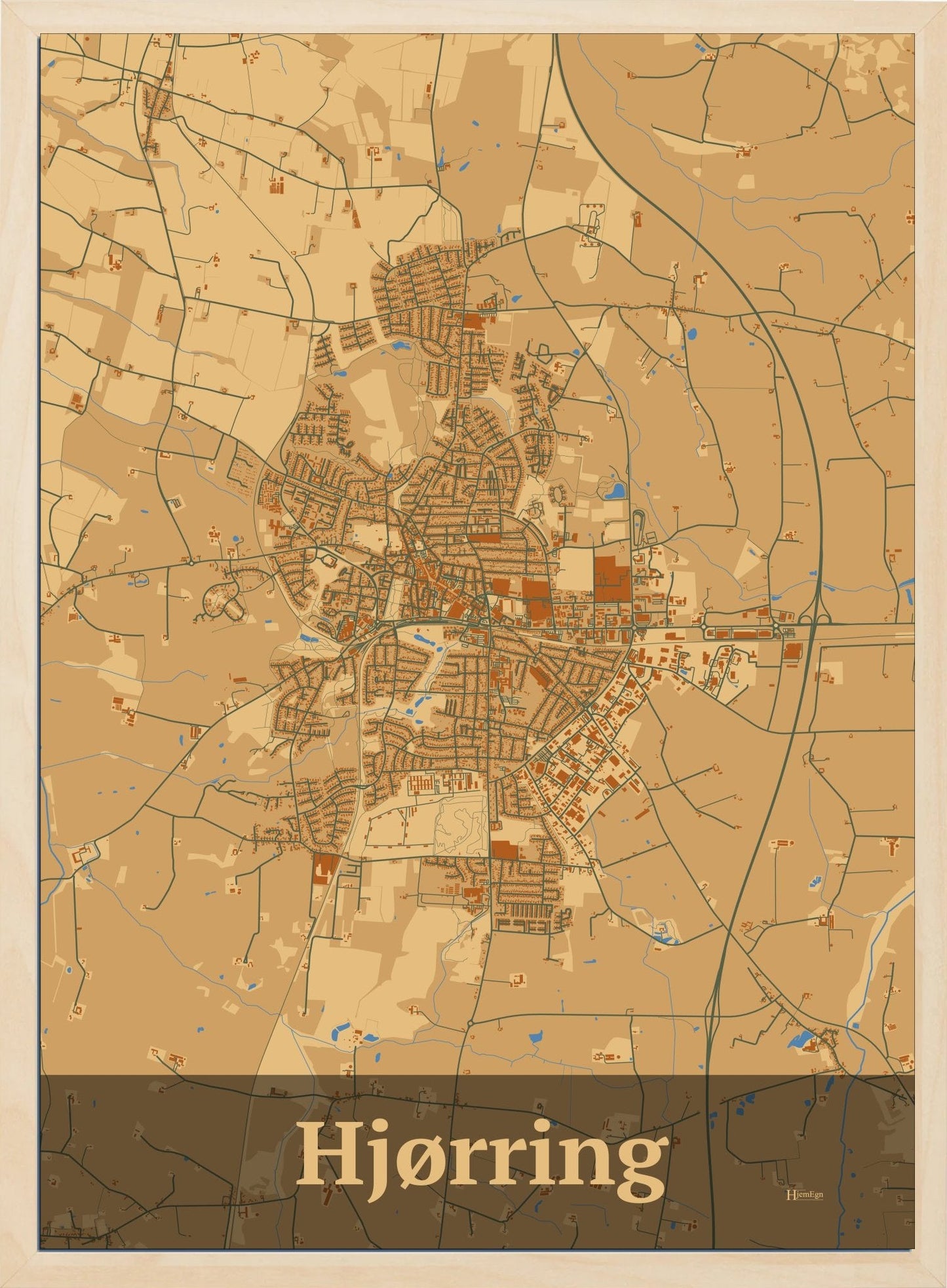 Hjørring plakat i farve pastel brun og HjemEgn.dk design firkantet. Design bykort for Hjørring