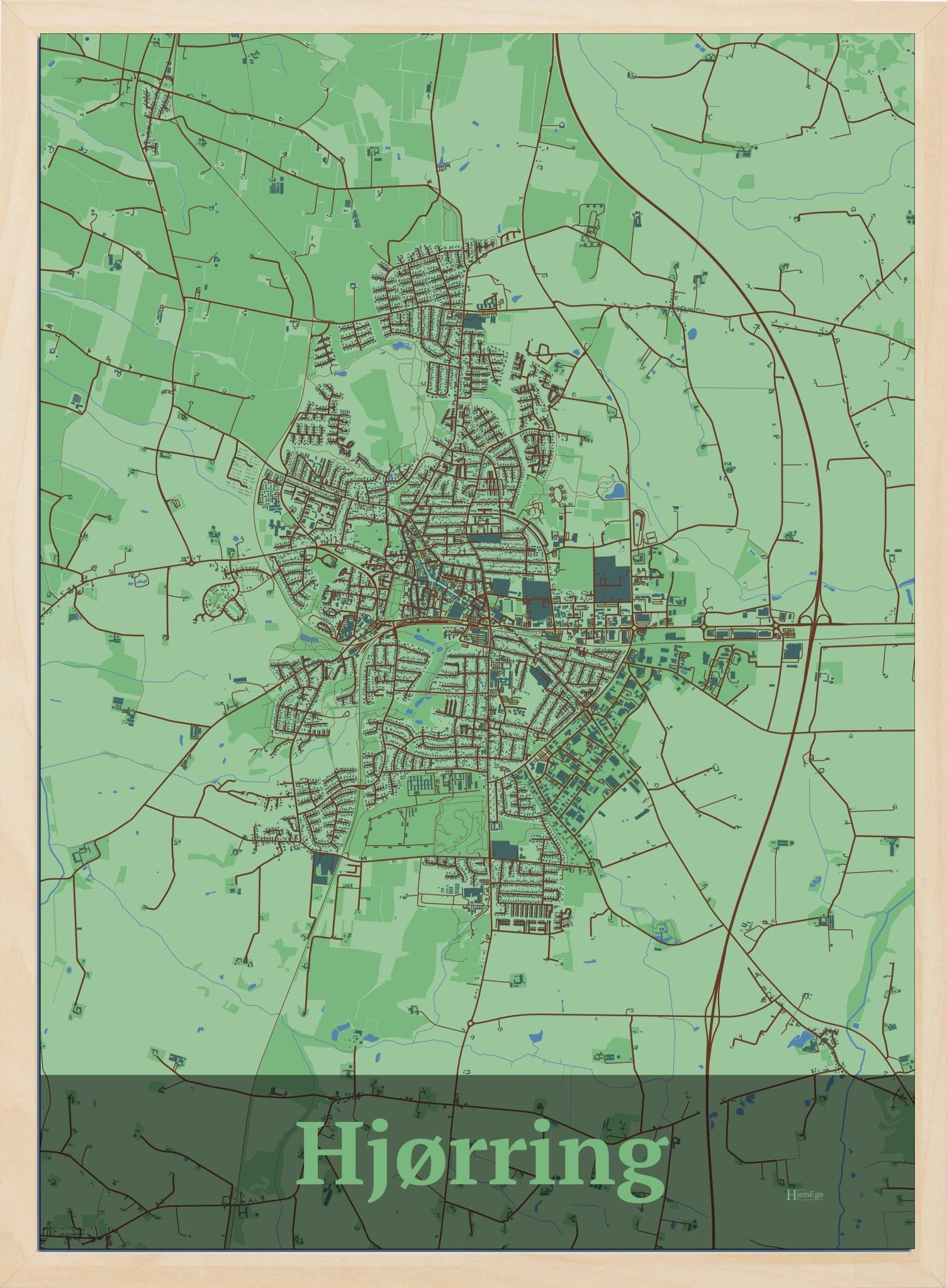 Hjørring plakat i farve pastel grøn og HjemEgn.dk design firkantet. Design bykort for Hjørring