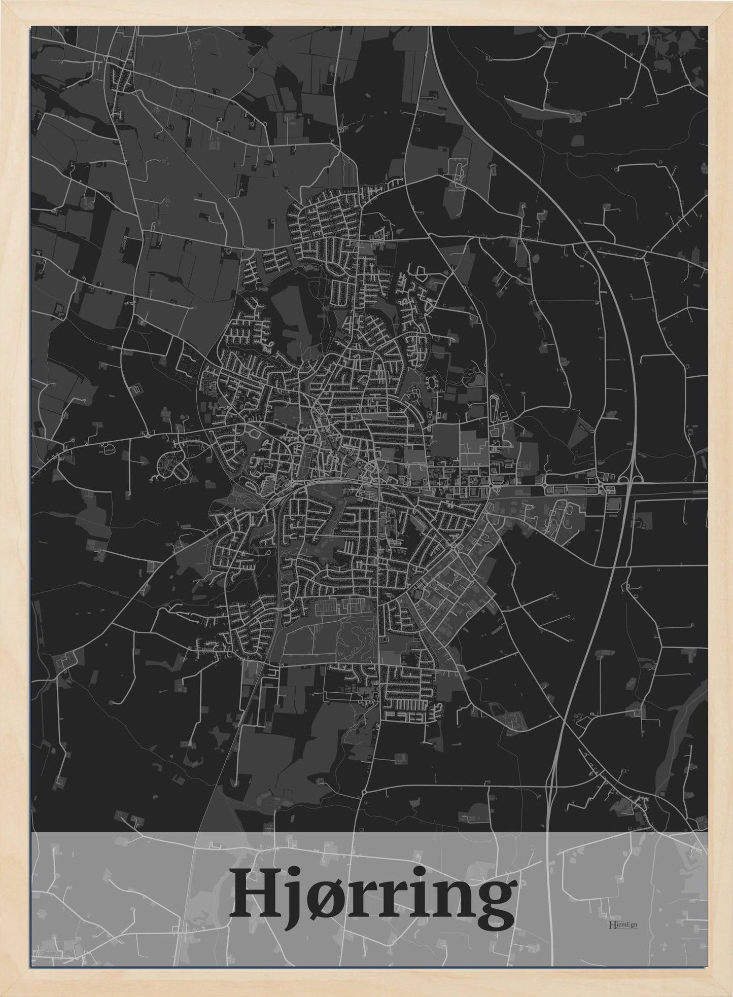 Hjørring plakat i farve mørk grå og HjemEgn.dk design firkantet. Design bykort for Hjørring