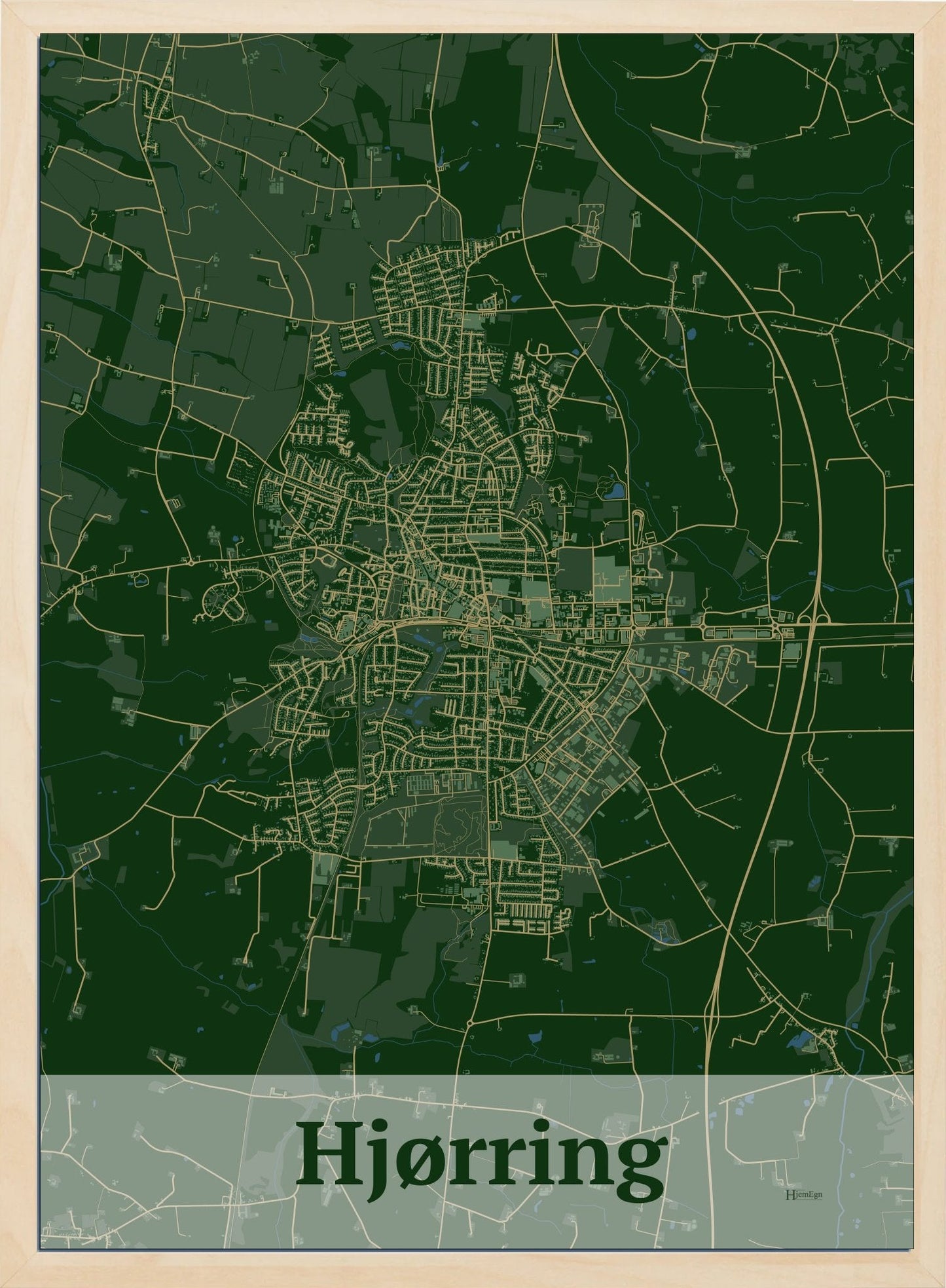 Hjørring plakat i farve mørk grøn og HjemEgn.dk design firkantet. Design bykort for Hjørring