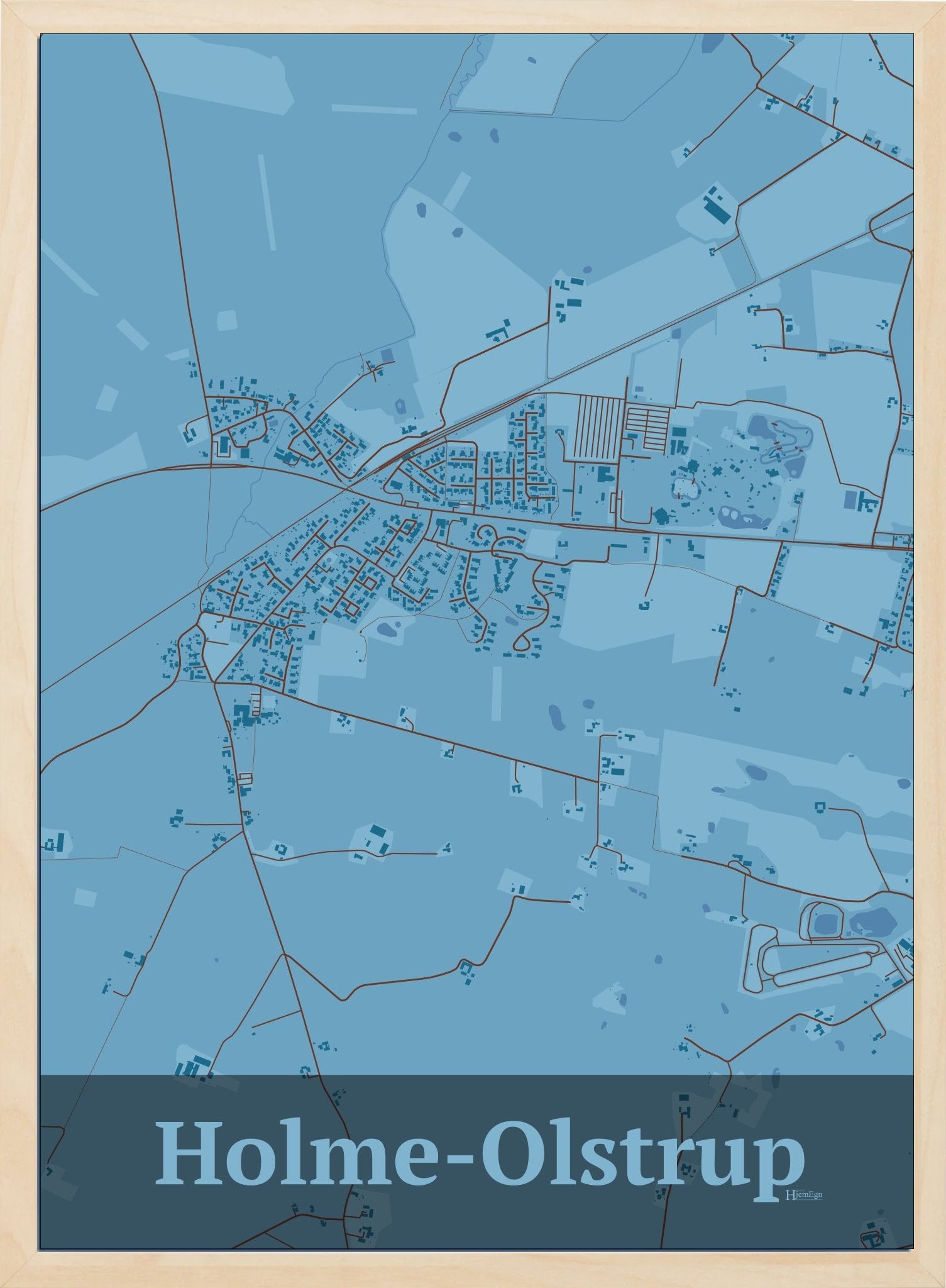 Holme-olstrup plakat i farve pastel blå og HjemEgn.dk design firkantet. Design bykort for Holme-olstrup