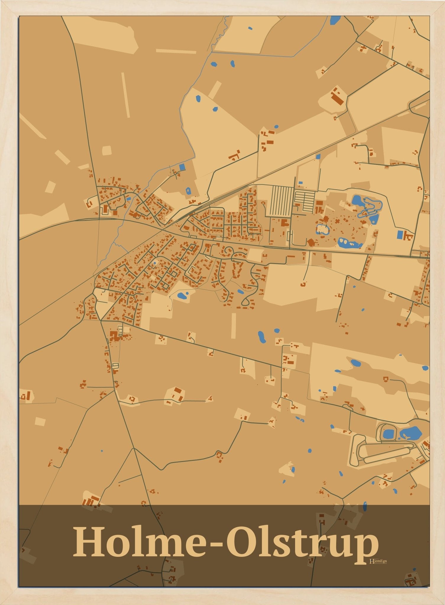 Holme-olstrup plakat i farve pastel brun og HjemEgn.dk design firkantet. Design bykort for Holme-olstrup