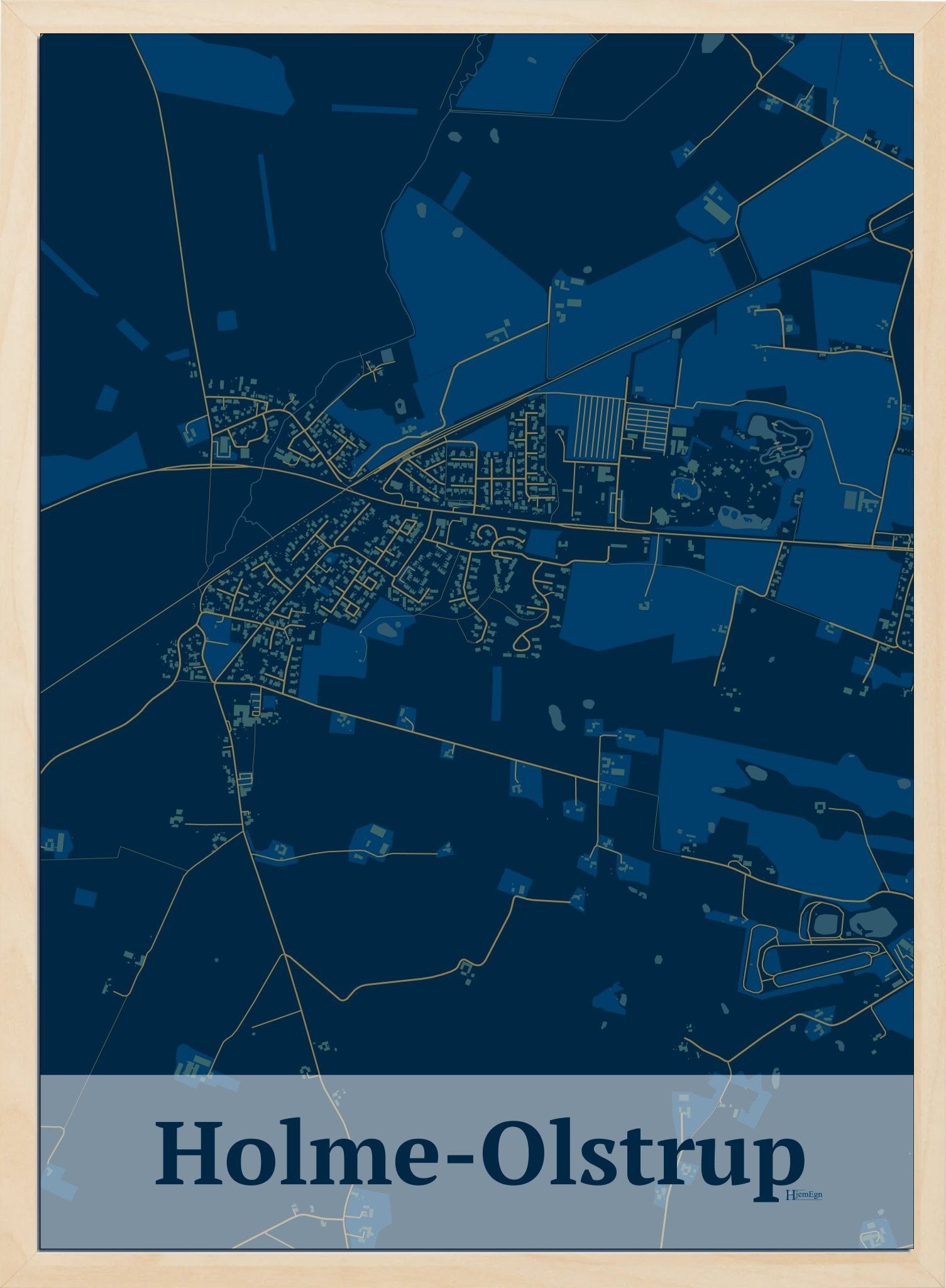 Holme-olstrup plakat i farve mørk blå og HjemEgn.dk design firkantet. Design bykort for Holme-olstrup