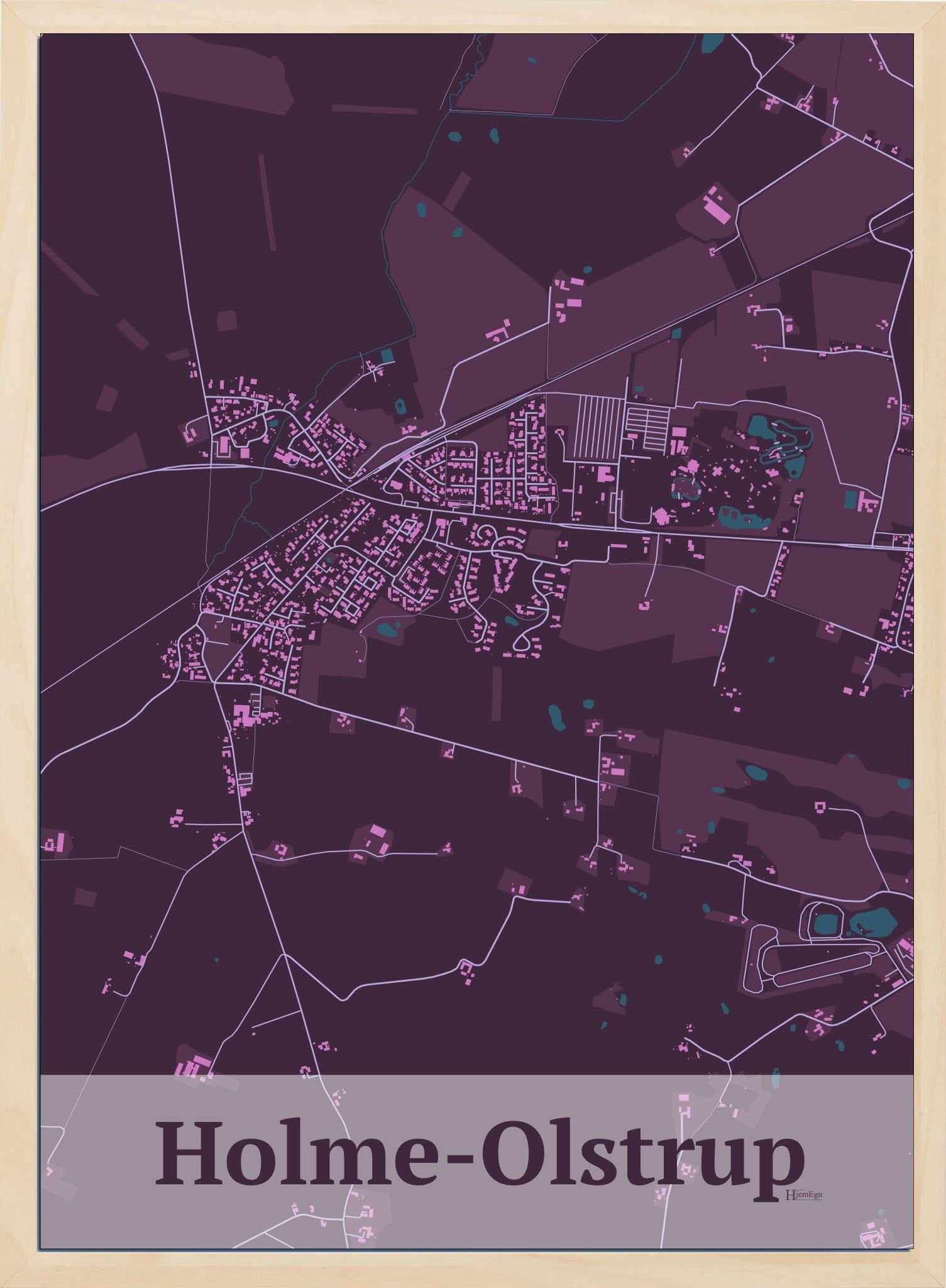 Holme-olstrup plakat i farve mørk rød og HjemEgn.dk design firkantet. Design bykort for Holme-olstrup
