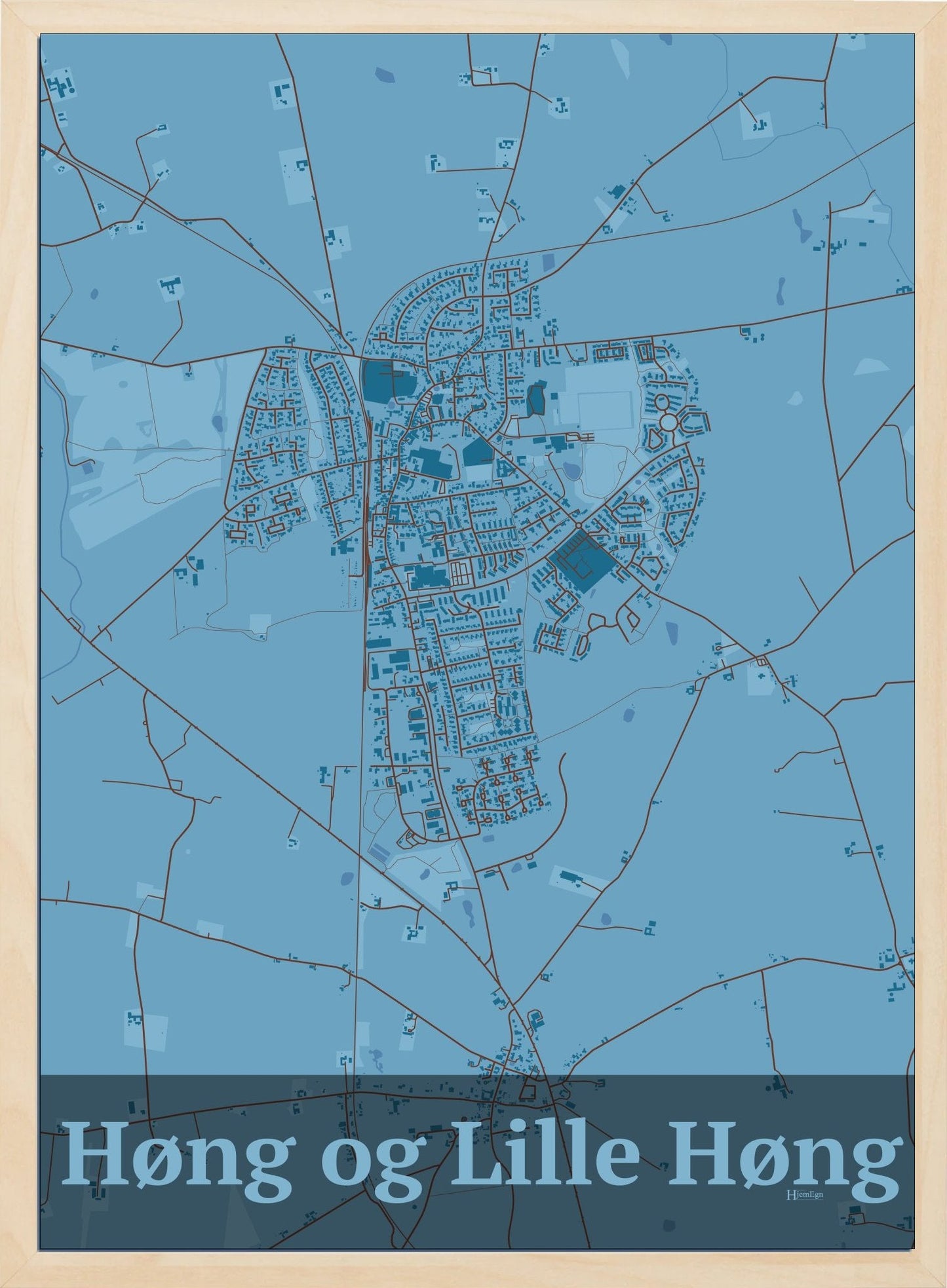 Høng Og Lille Høng plakat i farve pastel blå og HjemEgn.dk design firkantet. Design bykort for Høng Og Lille Høng