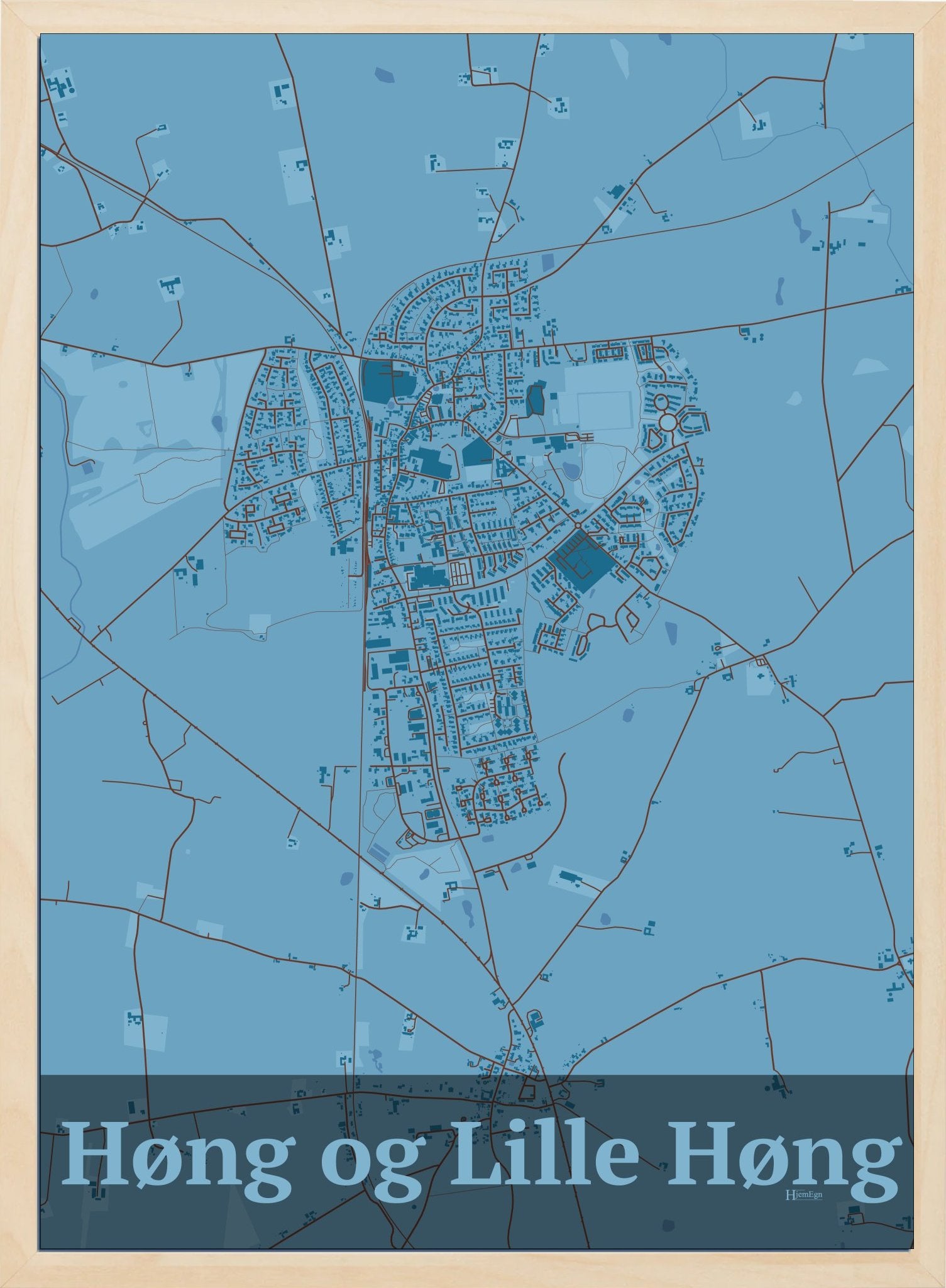 Høng Og Lille Høng plakat i farve pastel blå og HjemEgn.dk design firkantet. Design bykort for Høng Og Lille Høng