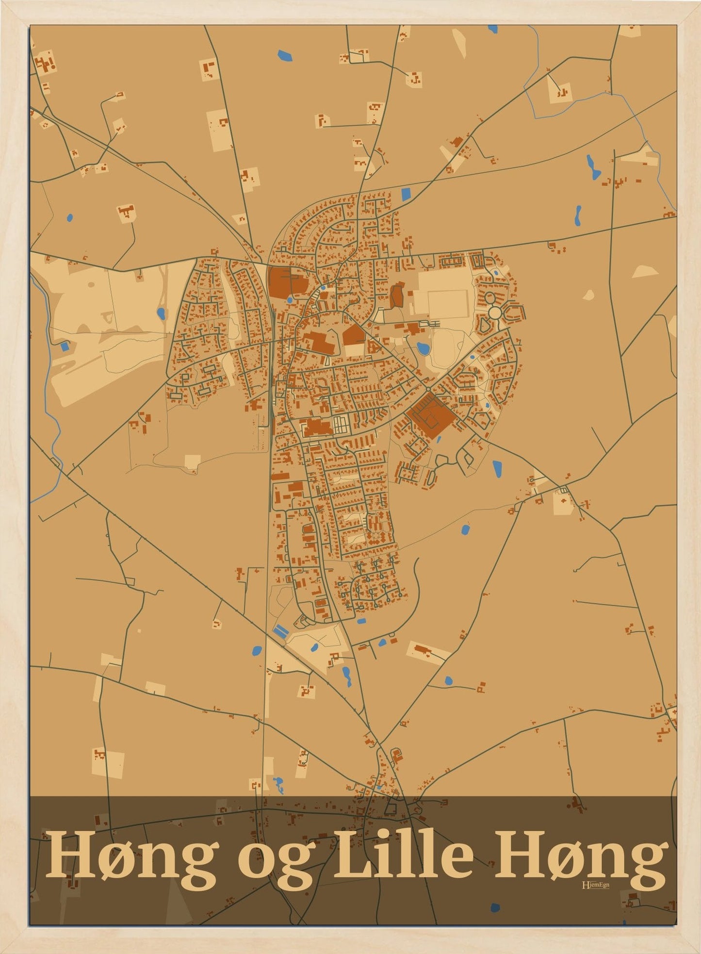 Høng Og Lille Høng plakat i farve pastel brun og HjemEgn.dk design firkantet. Design bykort for Høng Og Lille Høng