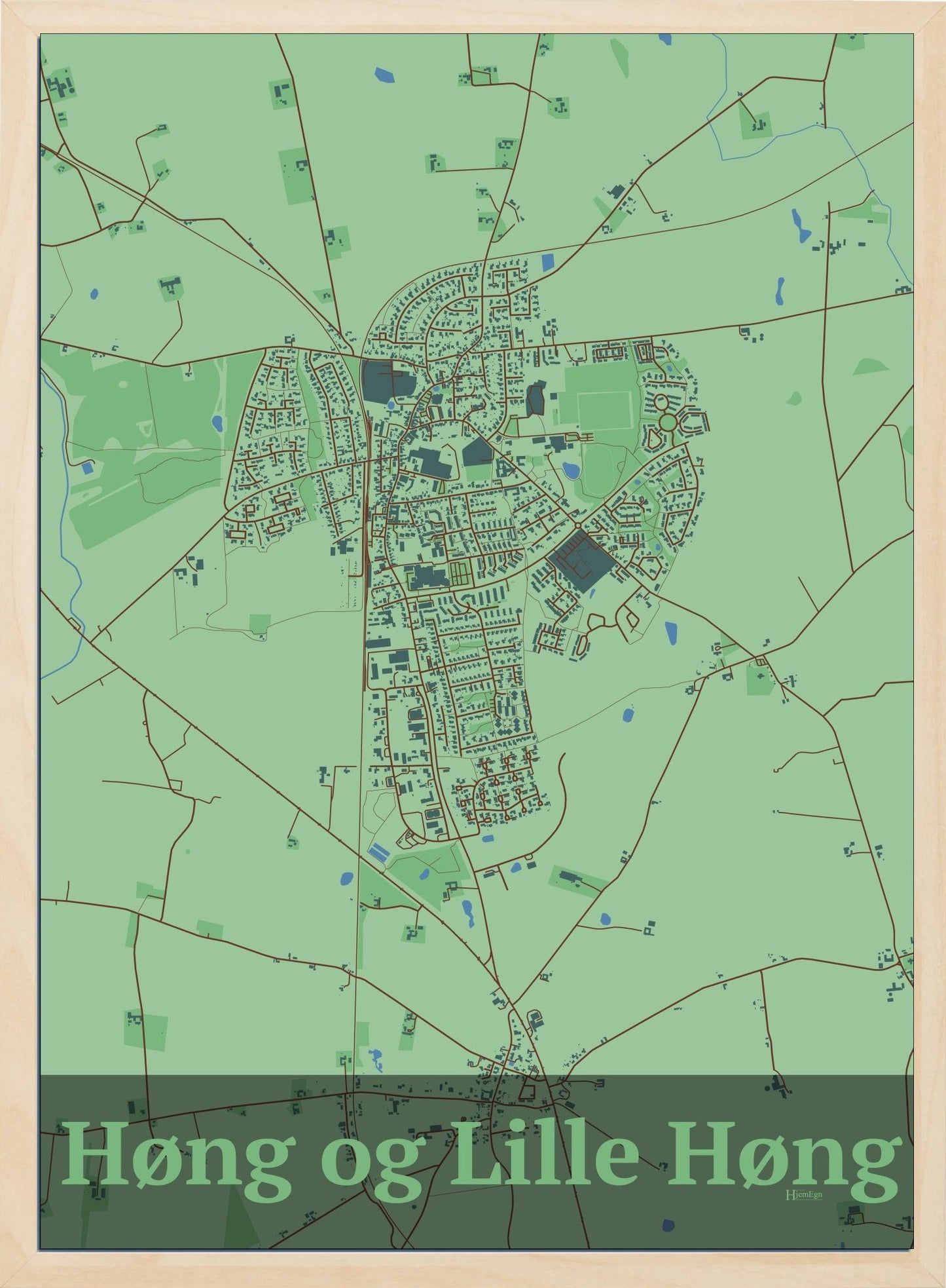 Høng Og Lille Høng plakat i farve pastel grøn og HjemEgn.dk design firkantet. Design bykort for Høng Og Lille Høng