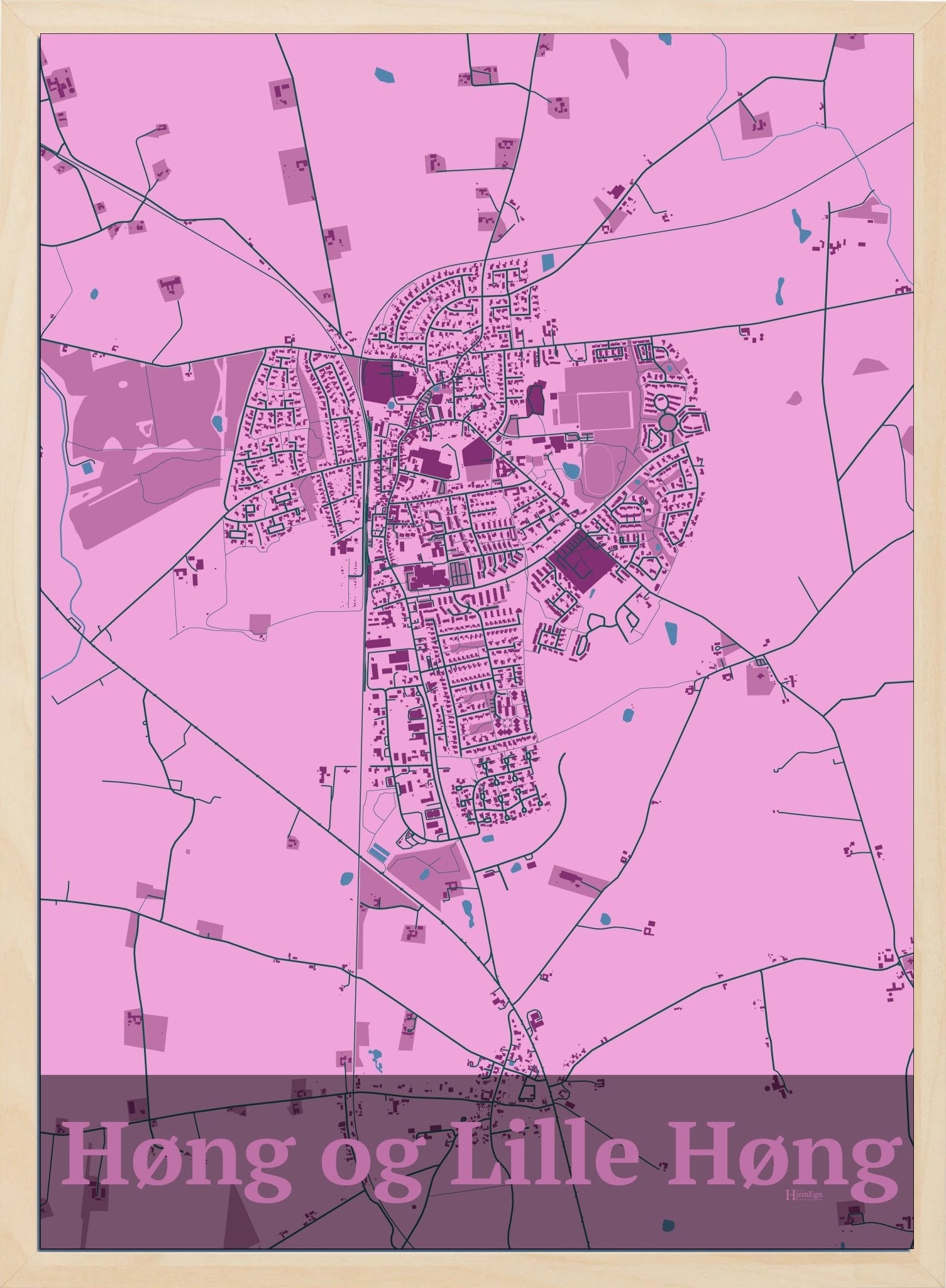 Høng Og Lille Høng plakat i farve pastel rød og HjemEgn.dk design firkantet. Design bykort for Høng Og Lille Høng