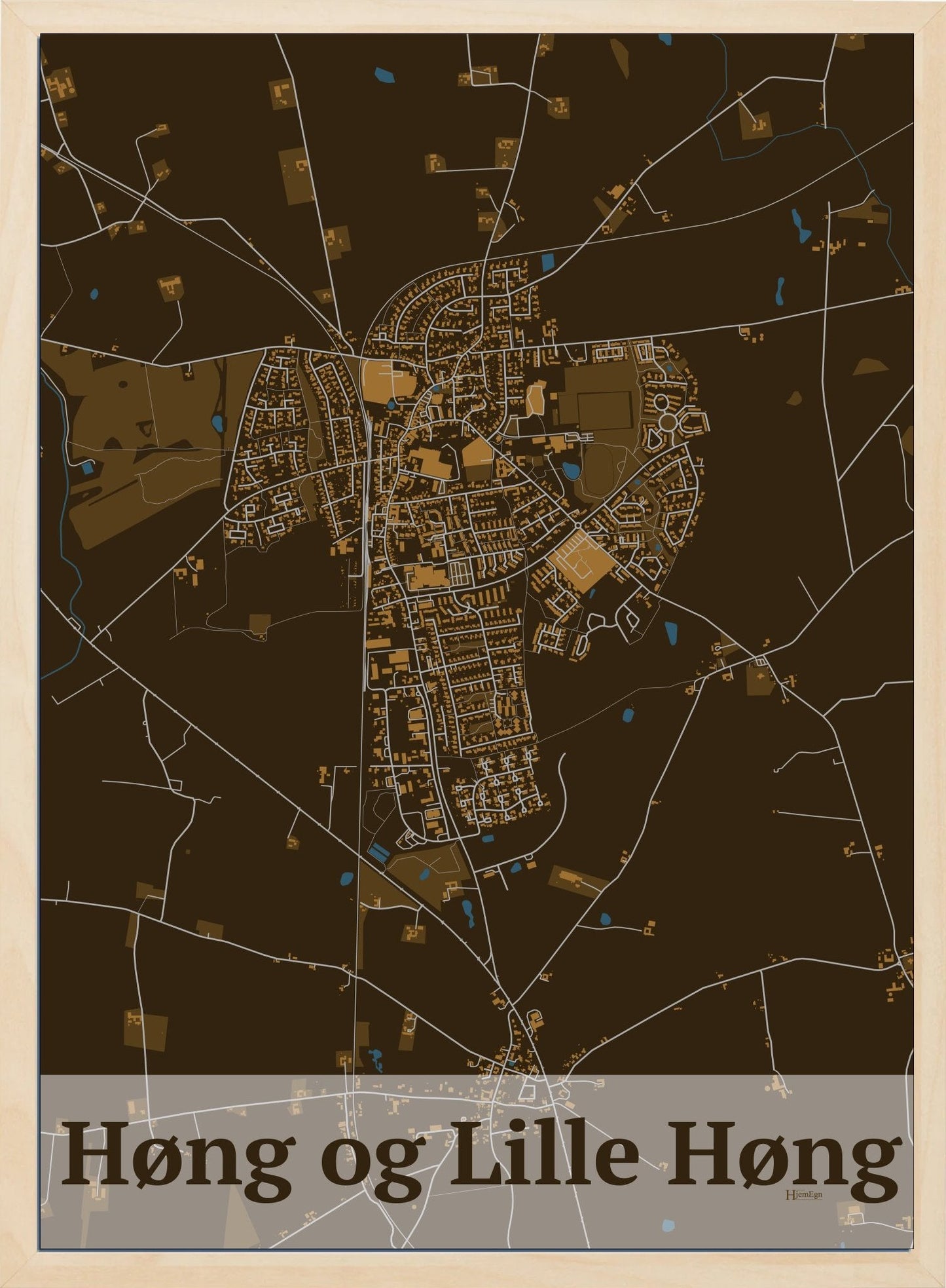 Høng Og Lille Høng plakat i farve mørk brun og HjemEgn.dk design firkantet. Design bykort for Høng Og Lille Høng