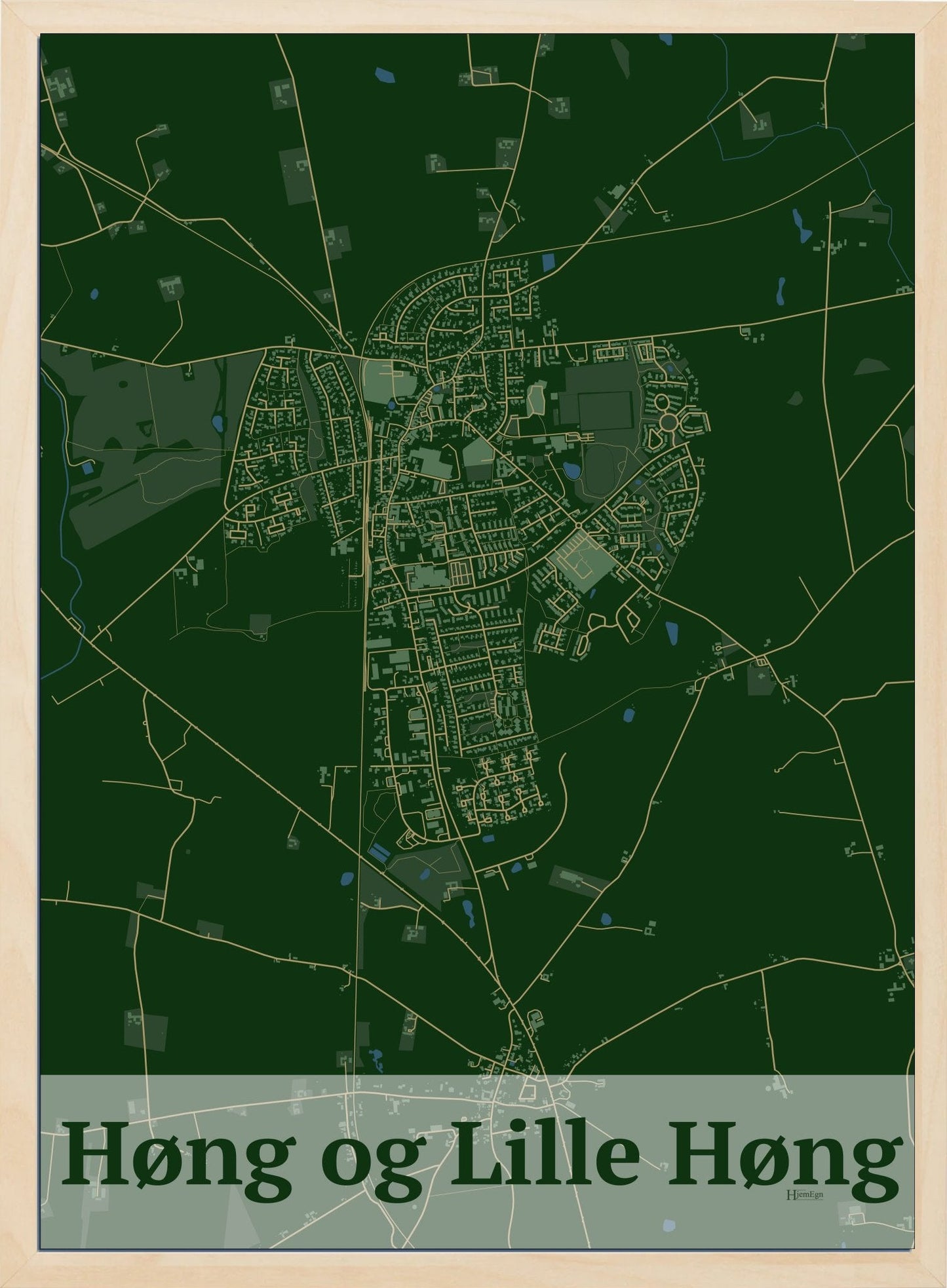 Høng Og Lille Høng plakat i farve mørk grøn og HjemEgn.dk design firkantet. Design bykort for Høng Og Lille Høng