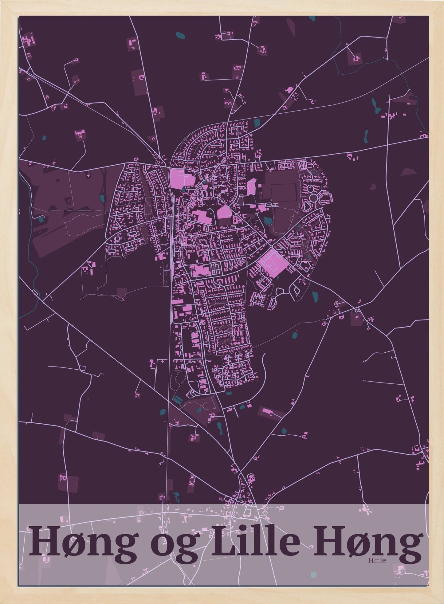 Høng Og Lille Høng plakat i farve mørk rød og HjemEgn.dk design firkantet. Design bykort for Høng Og Lille Høng