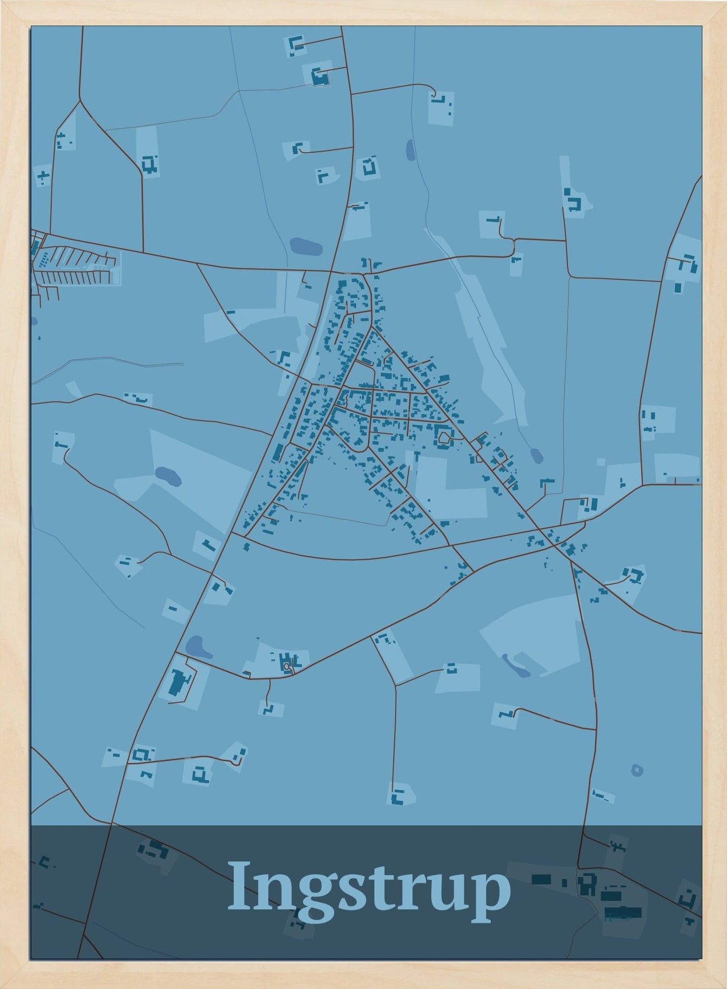 Ingstrup plakat i farve pastel blå og HjemEgn.dk design firkantet. Design bykort for Ingstrup