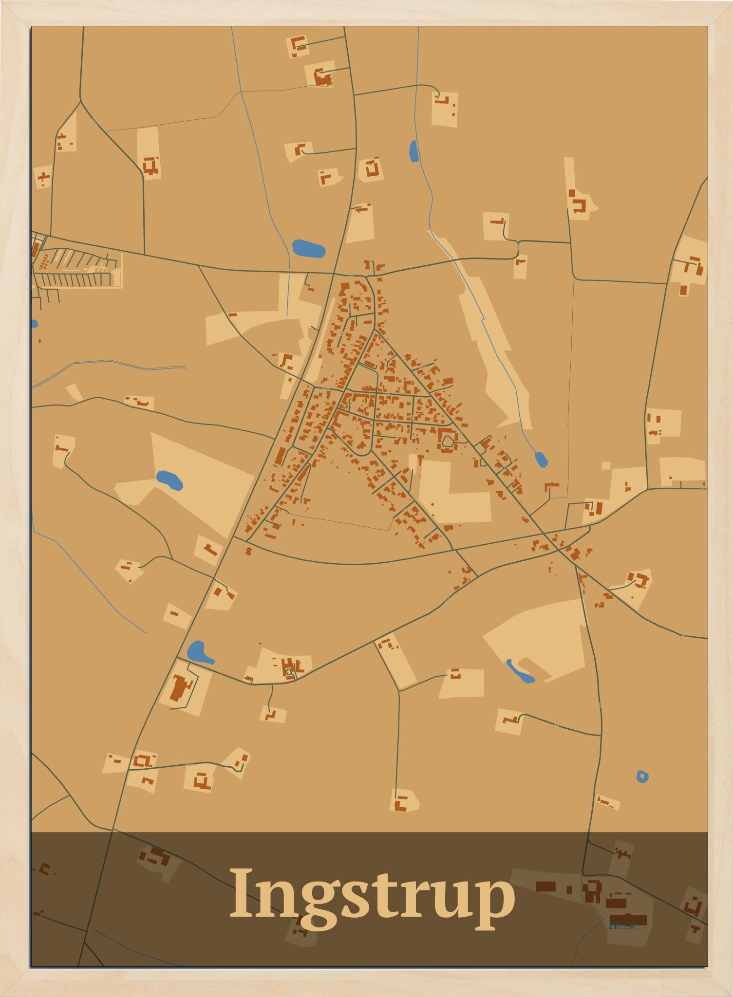 Ingstrup plakat i farve pastel brun og HjemEgn.dk design firkantet. Design bykort for Ingstrup