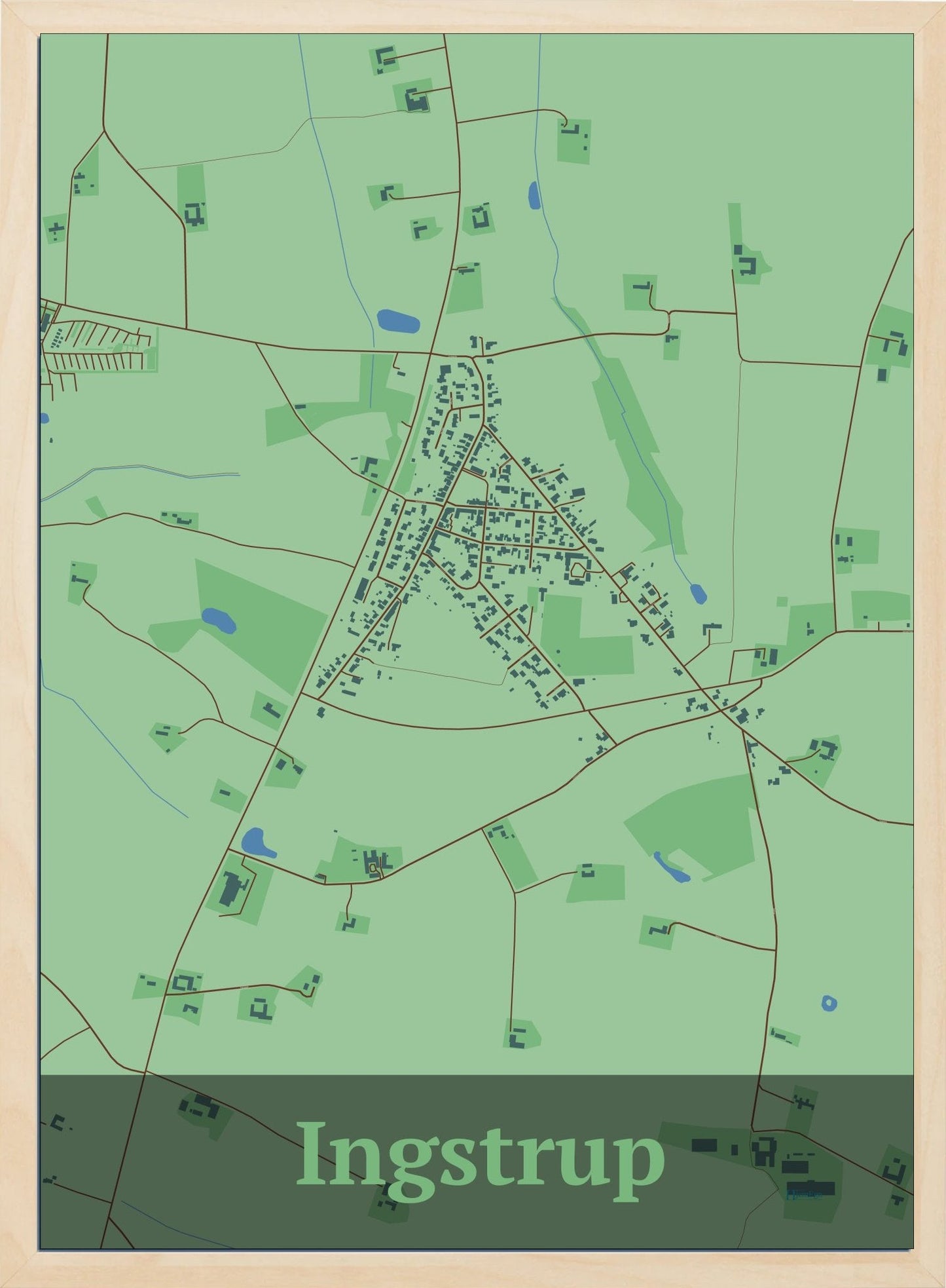 Ingstrup plakat i farve pastel grøn og HjemEgn.dk design firkantet. Design bykort for Ingstrup