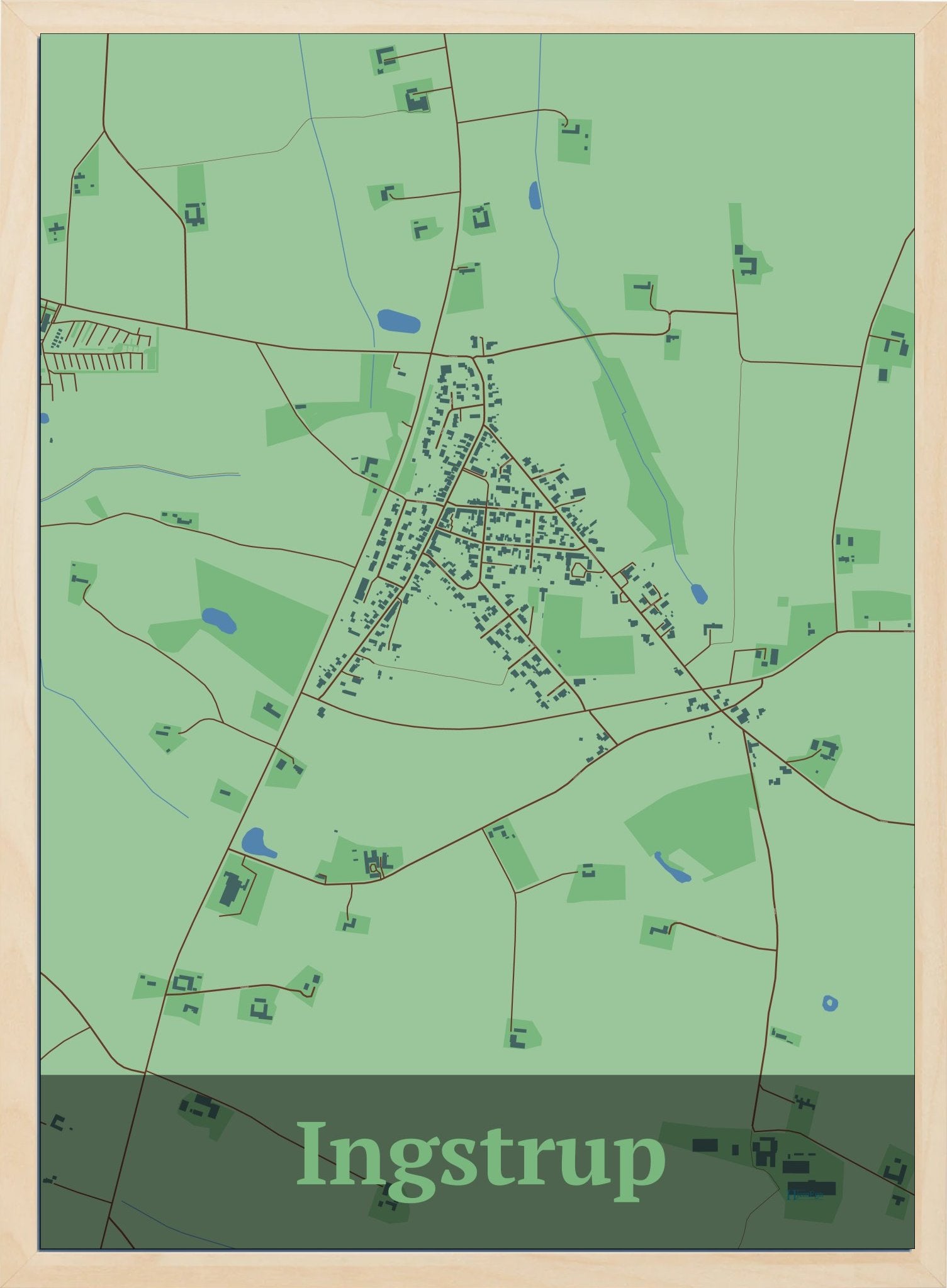 Ingstrup plakat i farve pastel grøn og HjemEgn.dk design firkantet. Design bykort for Ingstrup