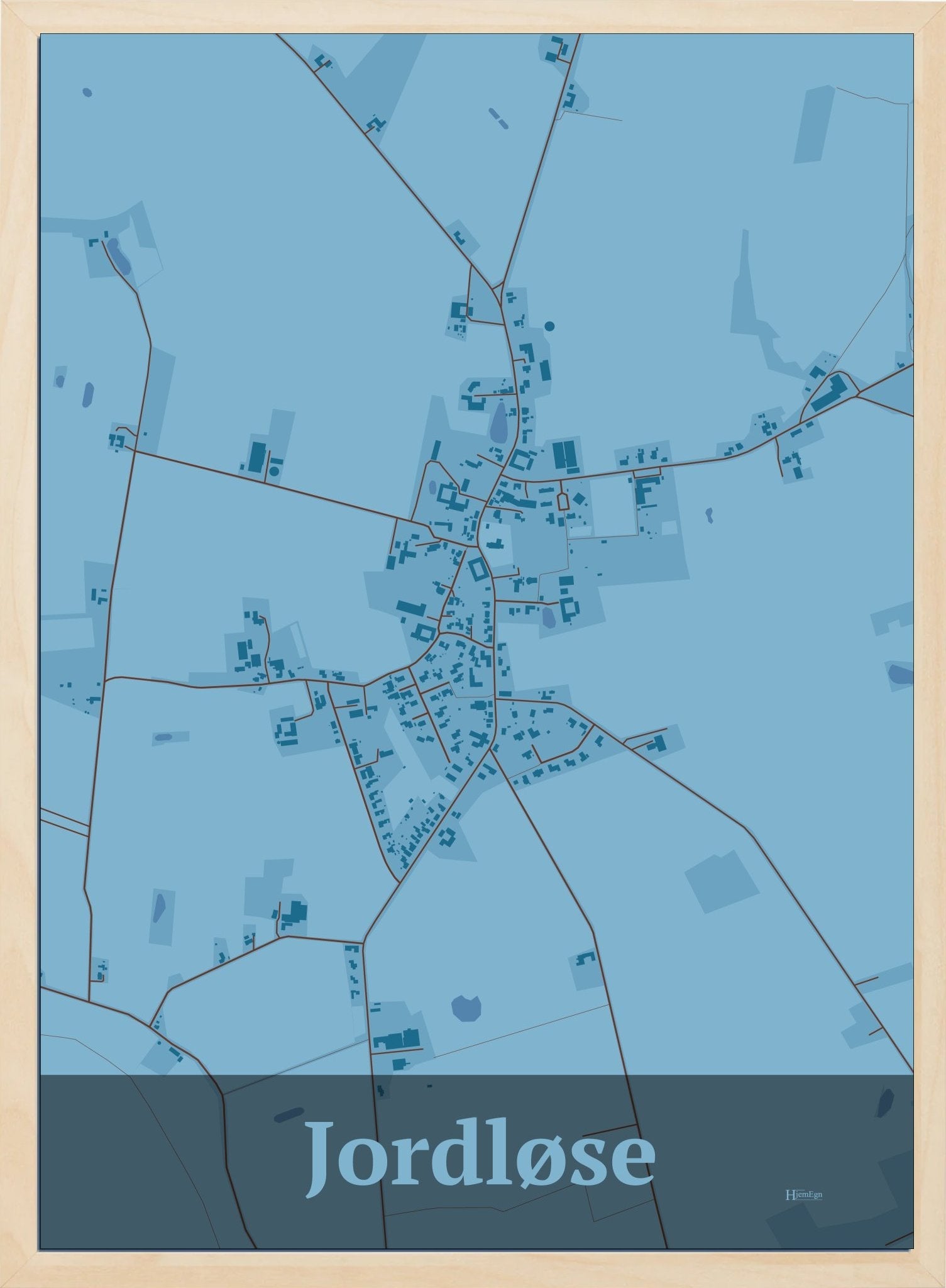 Jordløse plakat i farve pastel blå og HjemEgn.dk design firkantet. Design bykort for Jordløse