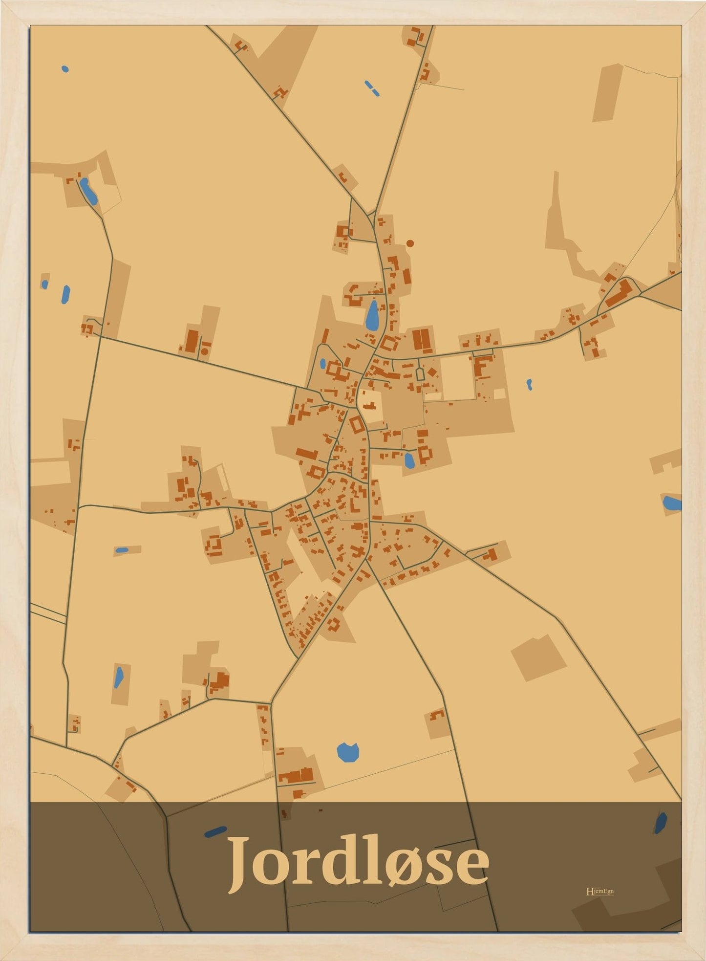 Jordløse plakat i farve pastel brun og HjemEgn.dk design firkantet. Design bykort for Jordløse