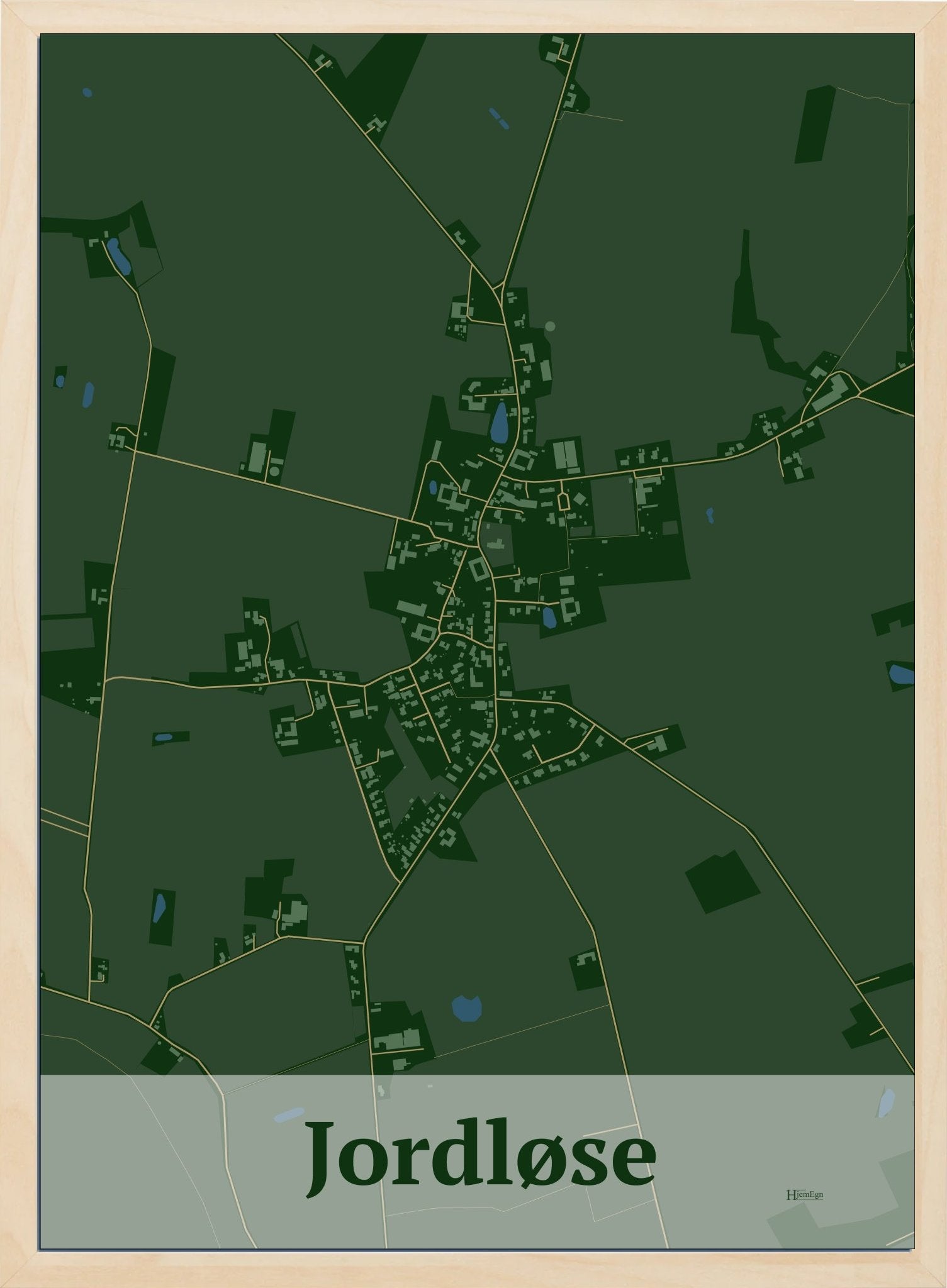 Jordløse plakat i farve mørk grøn og HjemEgn.dk design firkantet. Design bykort for Jordløse
