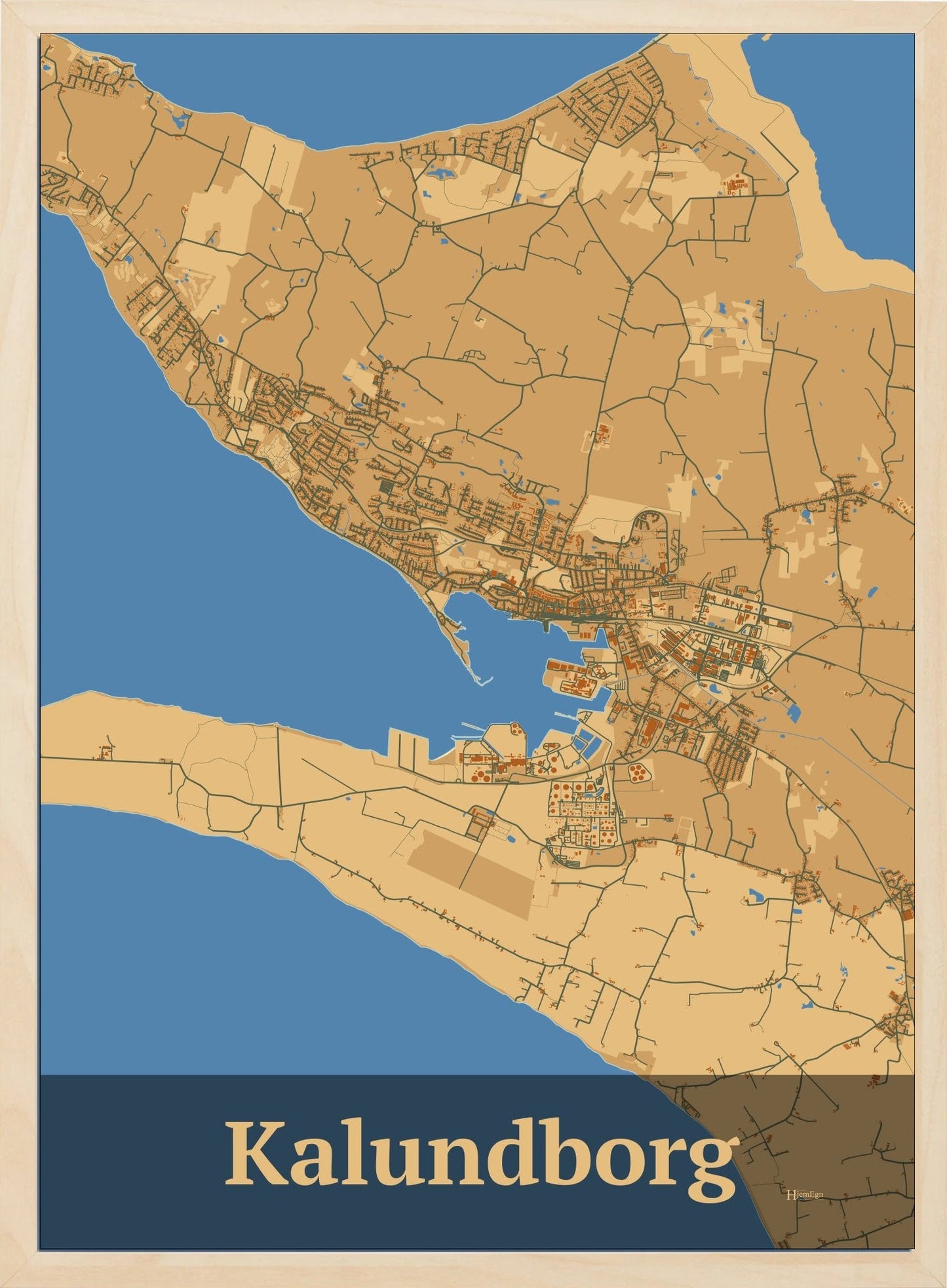 Kalundborg plakat i farve pastel brun og HjemEgn.dk design firkantet. Design bykort for Kalundborg