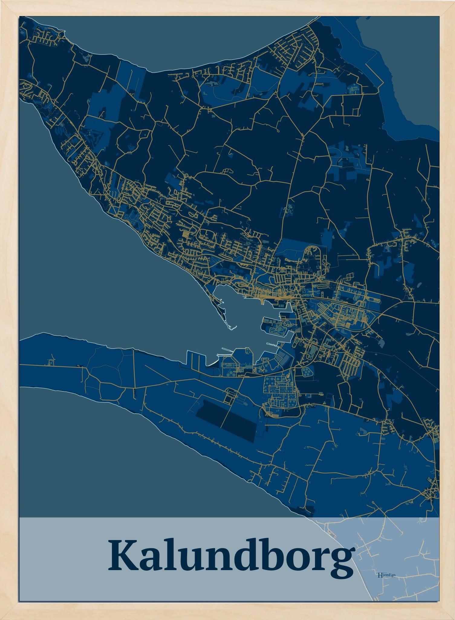 Kalundborg plakat i farve mørk blå og HjemEgn.dk design firkantet. Design bykort for Kalundborg