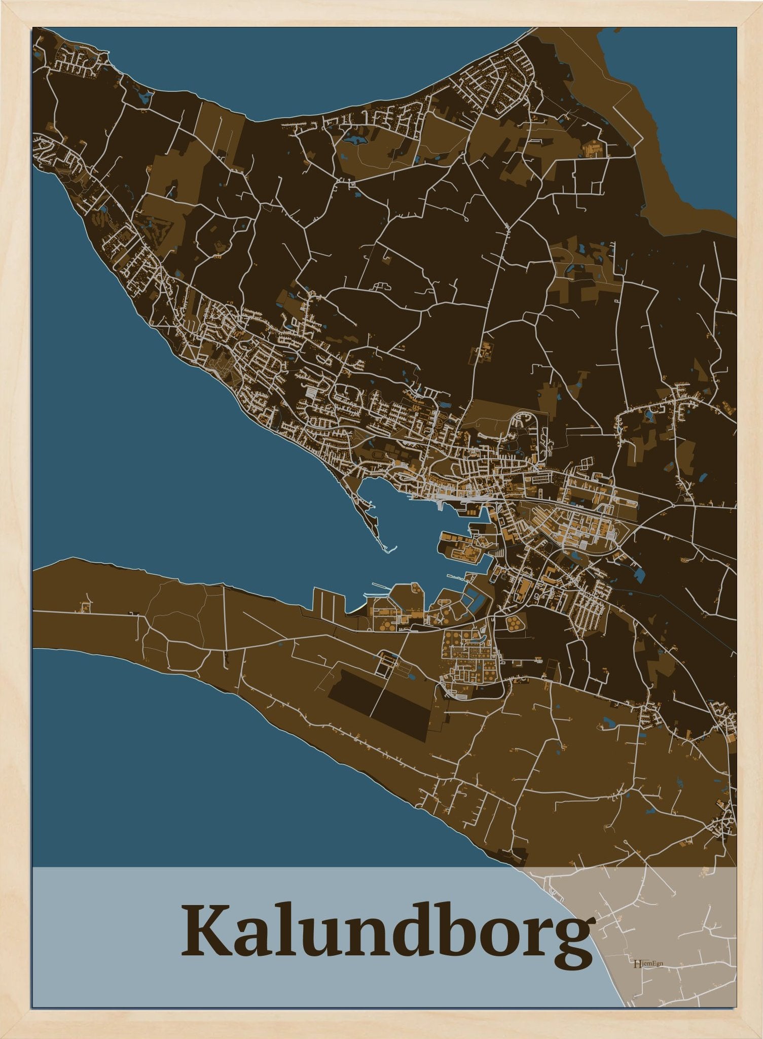 Kalundborg plakat i farve mørk brun og HjemEgn.dk design firkantet. Design bykort for Kalundborg