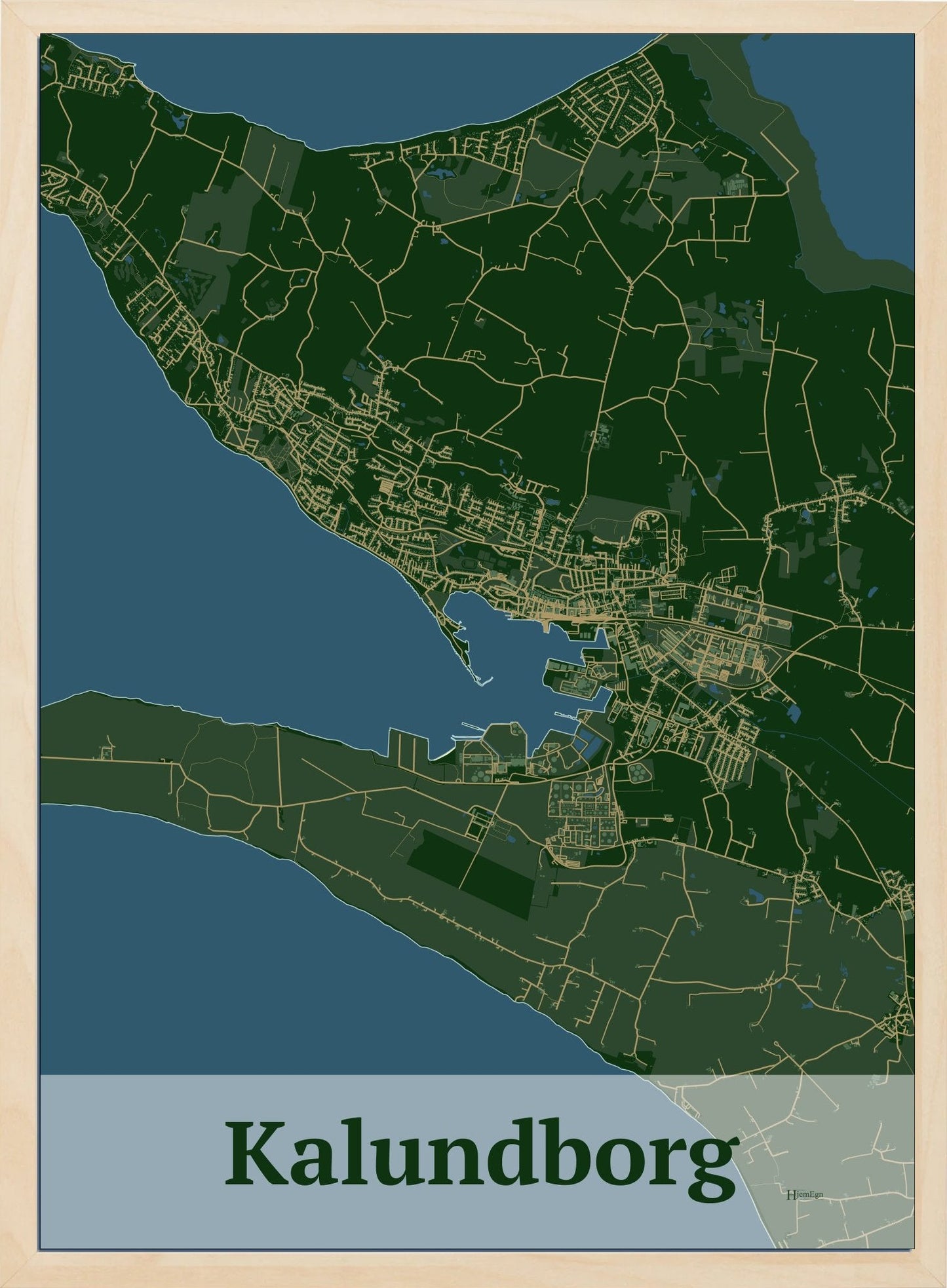 Kalundborg plakat i farve mørk grøn og HjemEgn.dk design firkantet. Design bykort for Kalundborg