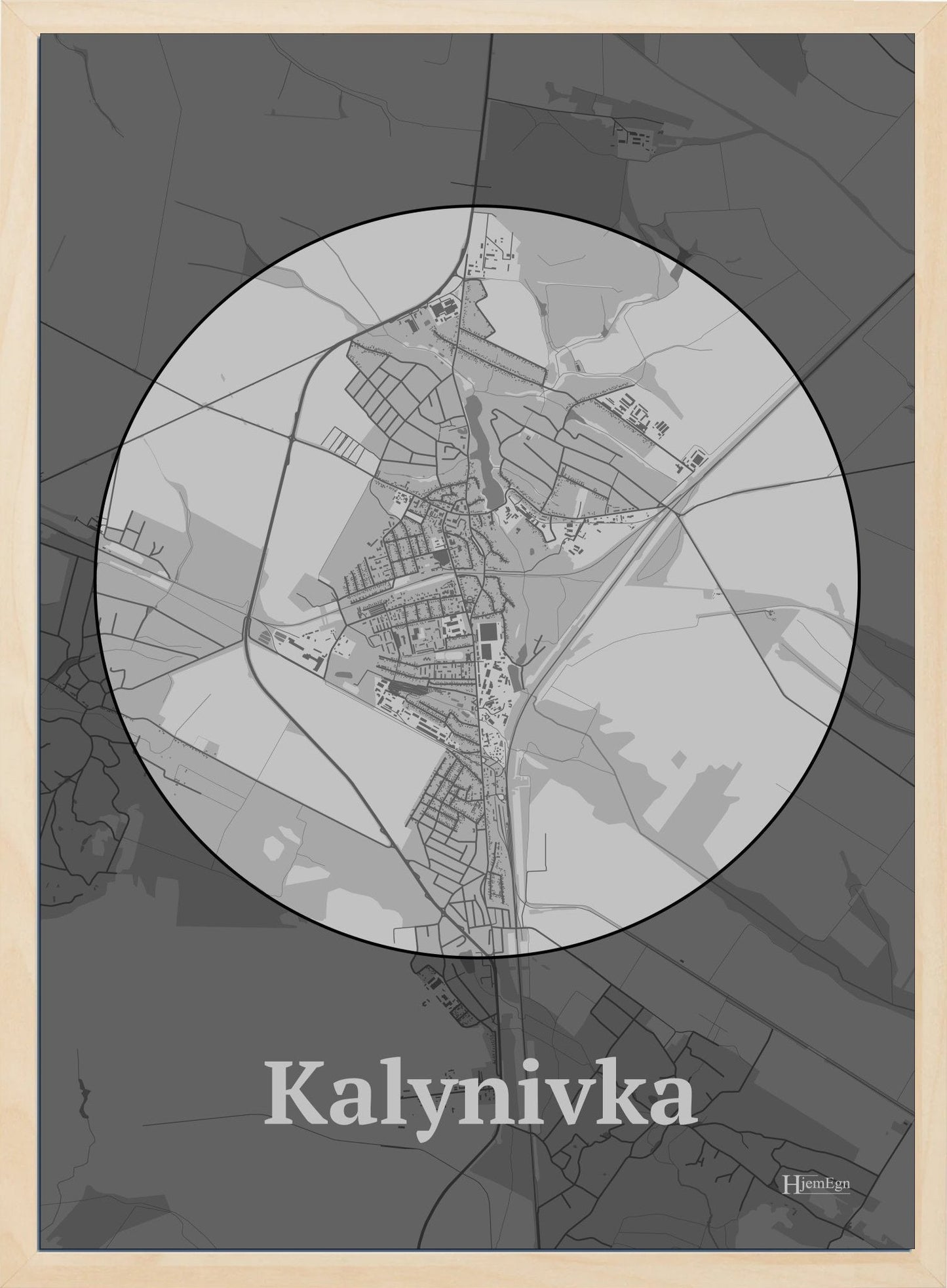 Kalynivka plakat i farve pastel grå og HjemEgn.dk design centrum. Design bykort for Kalynivka