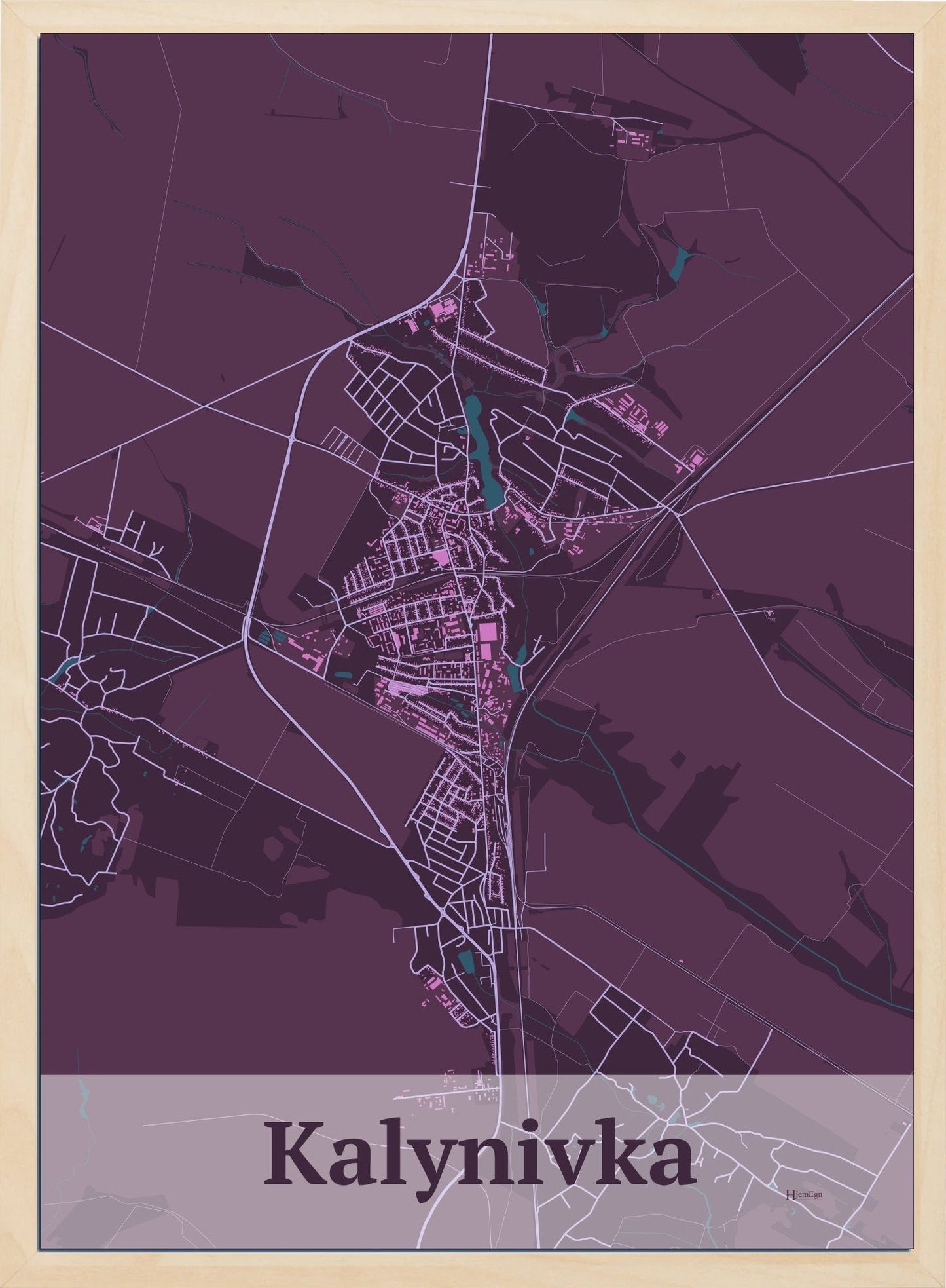 Kalynivka plakat i  mørk rød og HjemEgn.dk design firkantet. Design bykort for Kalynivka