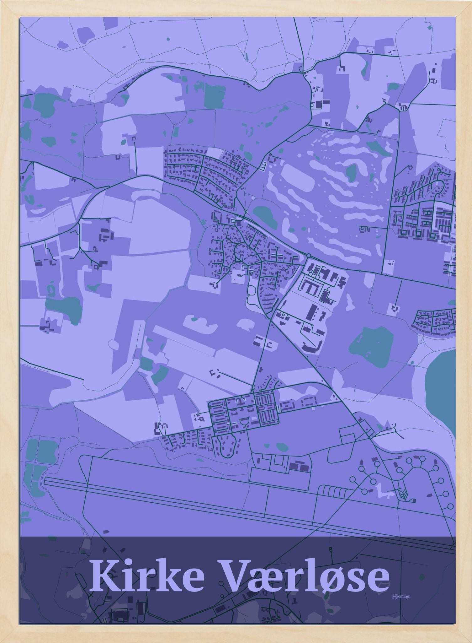 Kirke Værløse plakat i farve pastel lilla og HjemEgn.dk design firkantet. Design bykort for Kirke Værløse