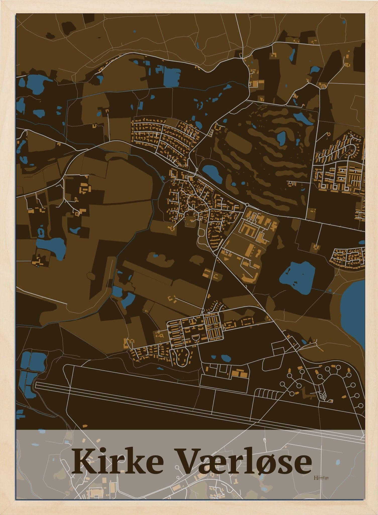 Kirke Værløse plakat i farve mørk brun og HjemEgn.dk design firkantet. Design bykort for Kirke Værløse
