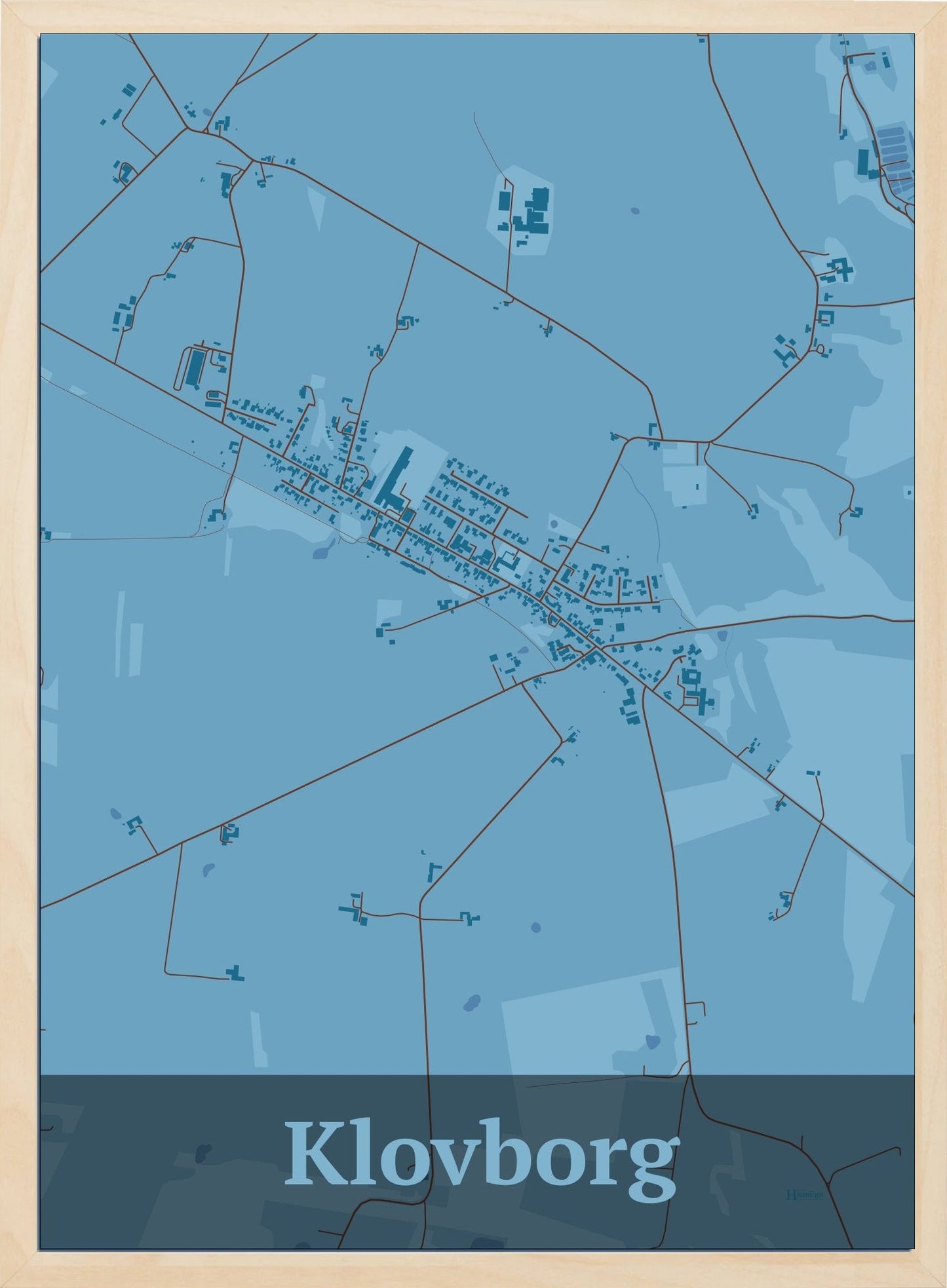 Klovborg plakat i farve pastel blå og HjemEgn.dk design firkantet. Design bykort for Klovborg