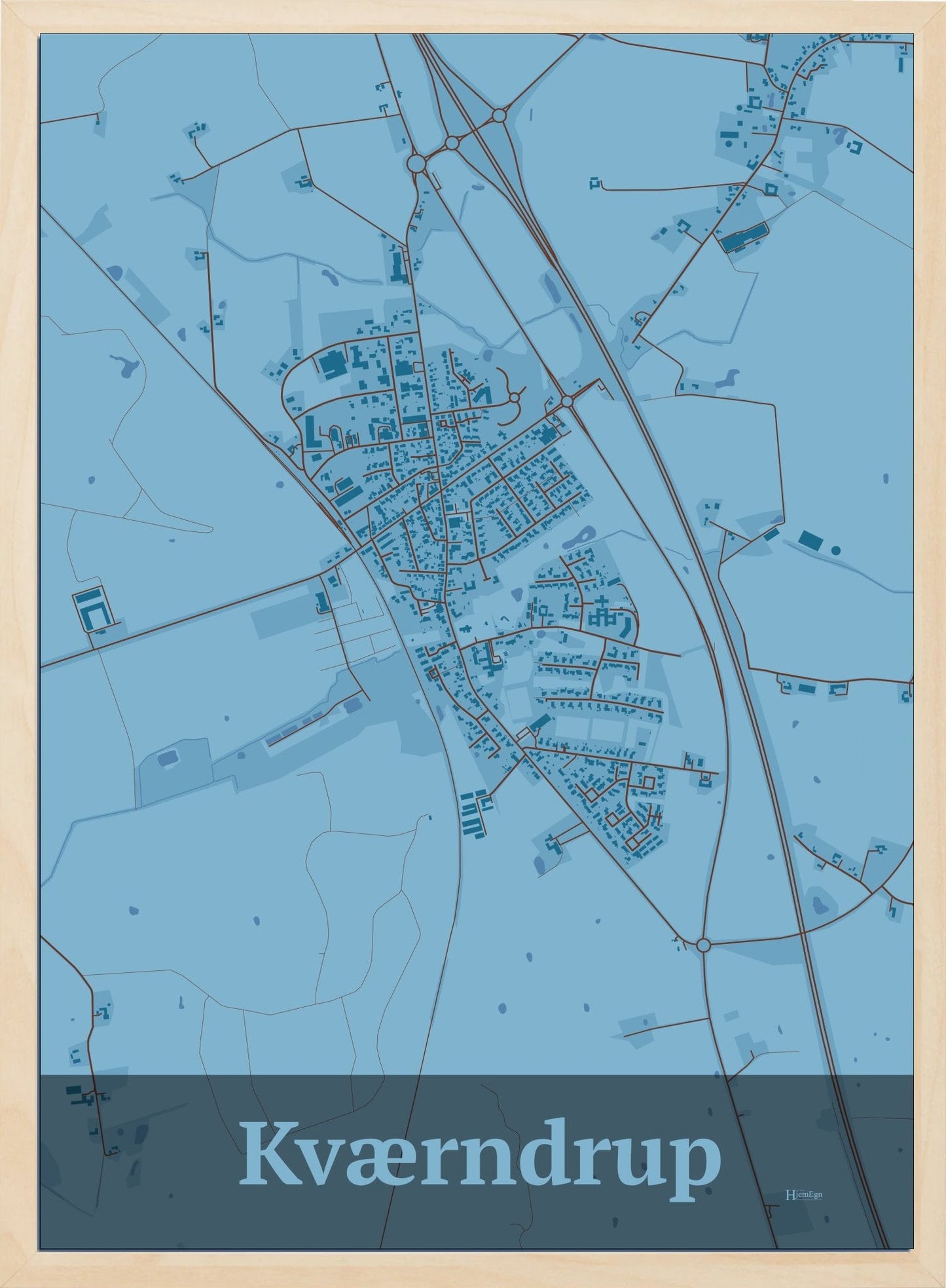 Kværndrup plakat i farve pastel blå og HjemEgn.dk design firkantet. Design bykort for Kværndrup