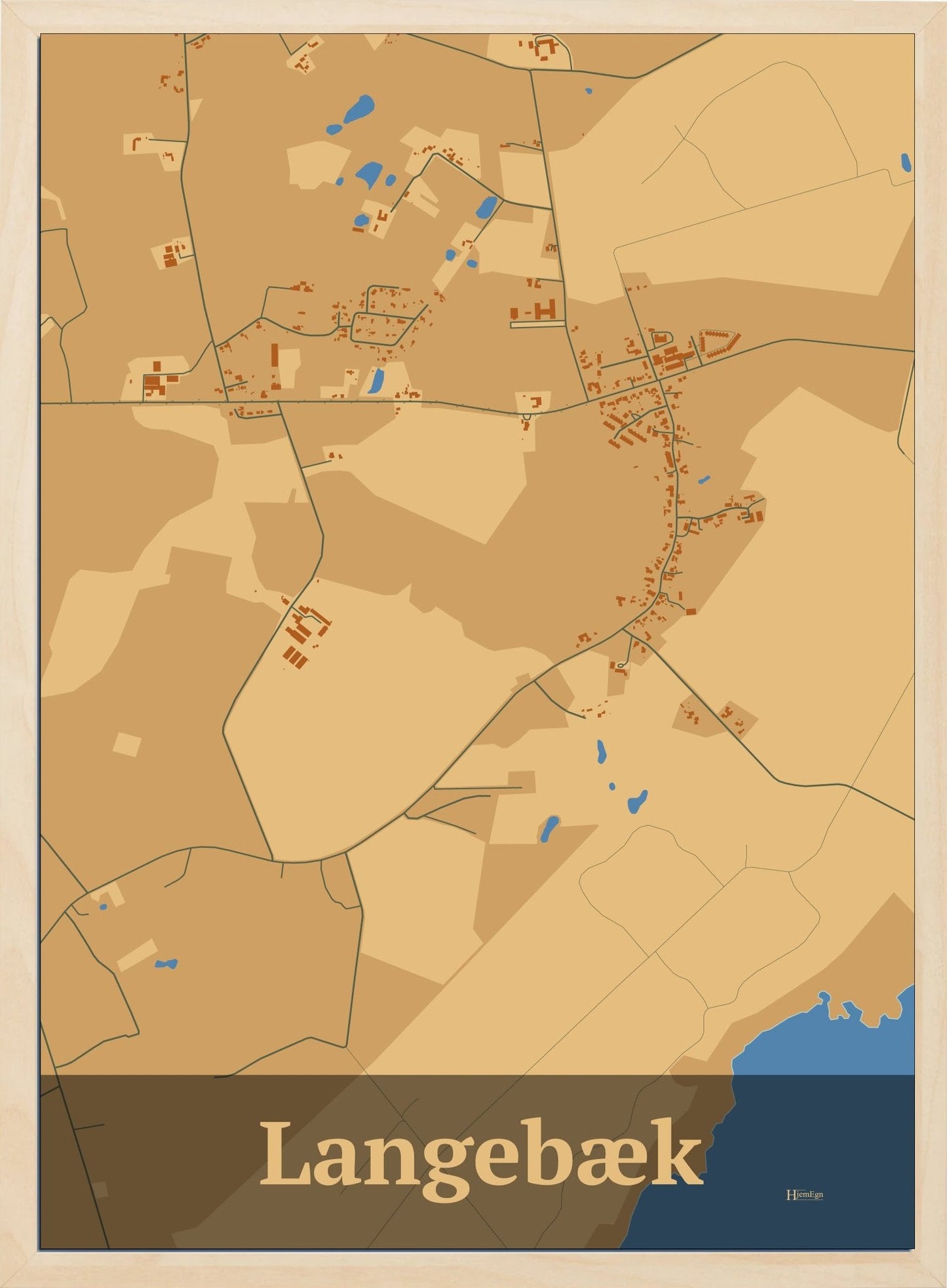 Langebæk plakat i farve pastel brun og HjemEgn.dk design firkantet. Design bykort for Langebæk