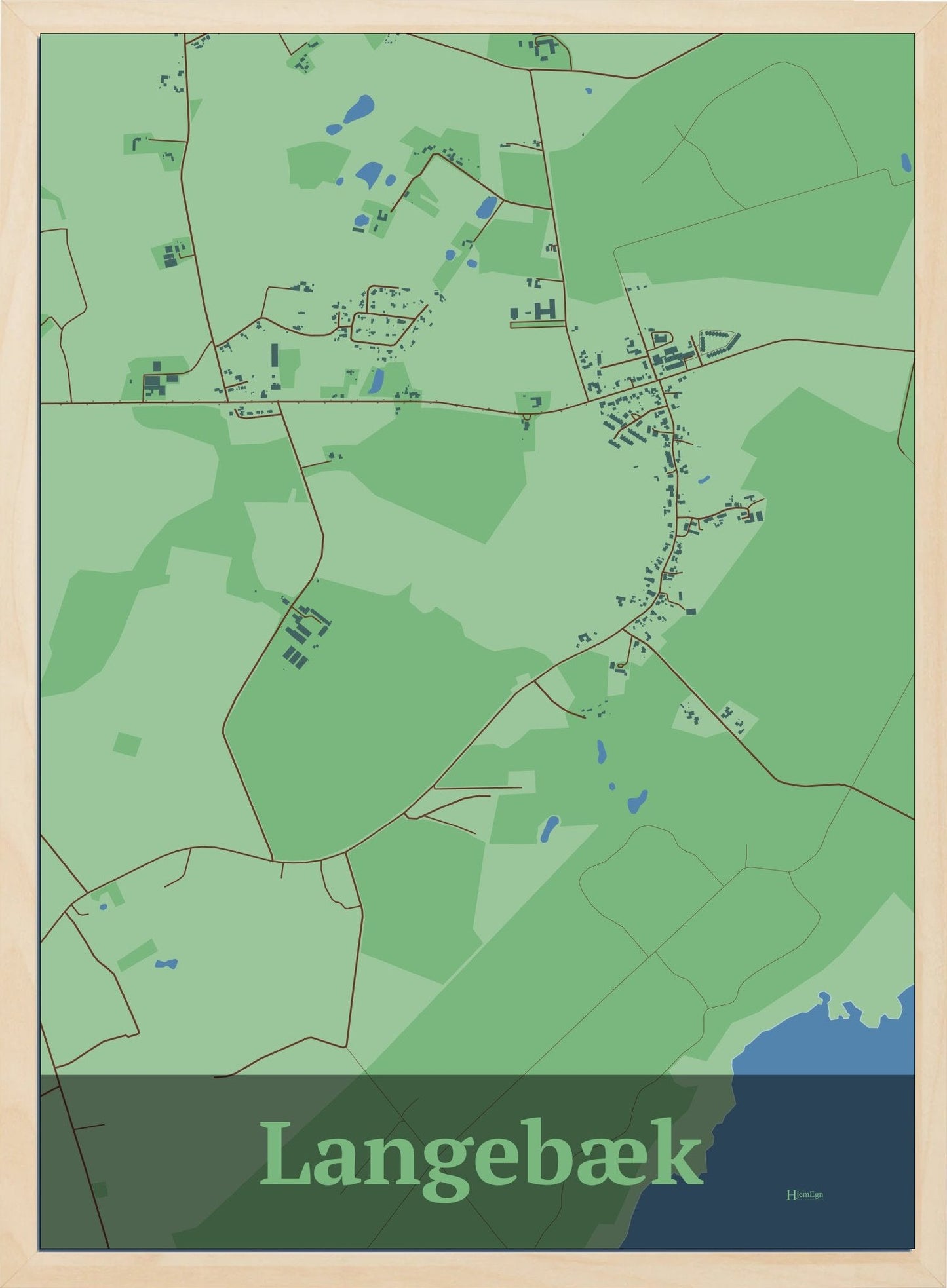Langebæk plakat i farve pastel grøn og HjemEgn.dk design firkantet. Design bykort for Langebæk