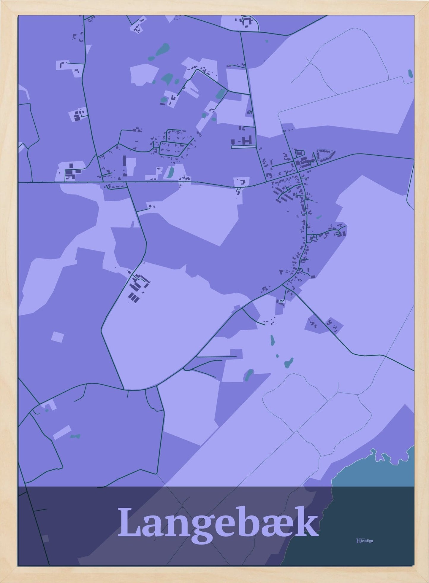Langebæk plakat i farve pastel lilla og HjemEgn.dk design firkantet. Design bykort for Langebæk