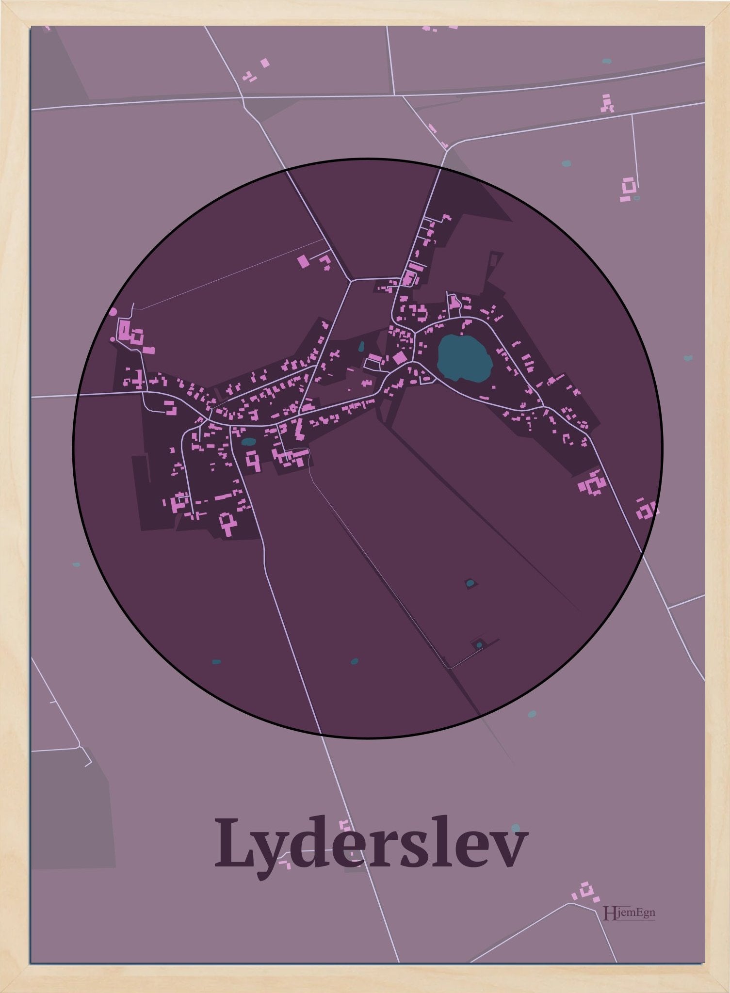 Lyderslev plakat i farve mørk rød og HjemEgn.dk design centrum. Design bykort for Lyderslev