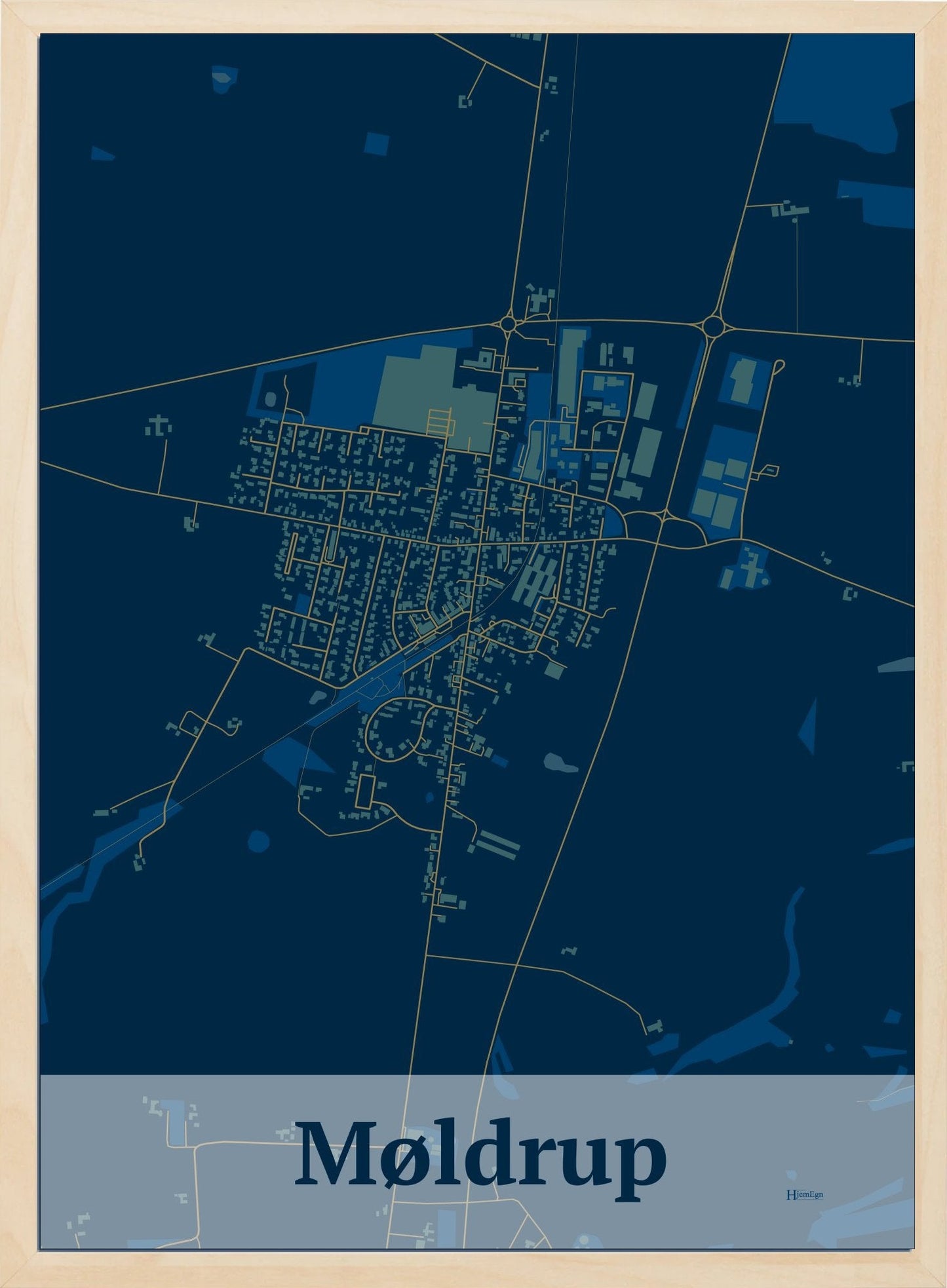 Møldrup plakat i farve mørk blå og HjemEgn.dk design firkantet. Design bykort for Møldrup