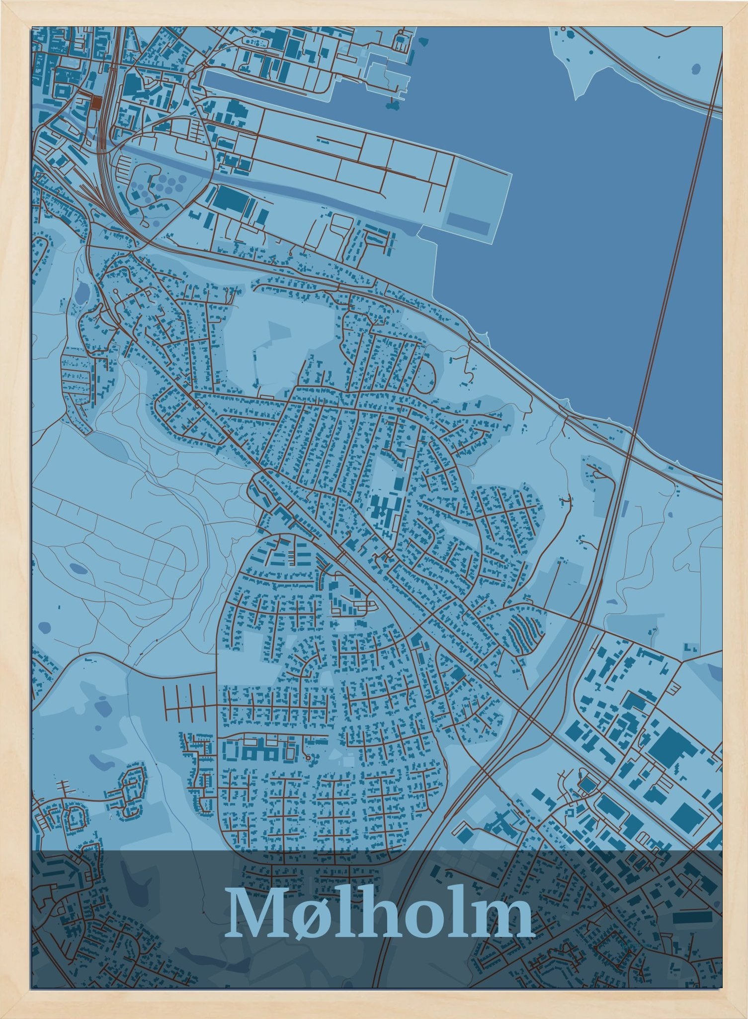 Mølholm plakat i farve pastel blå og HjemEgn.dk design firkantet. Design bykort for Mølholm