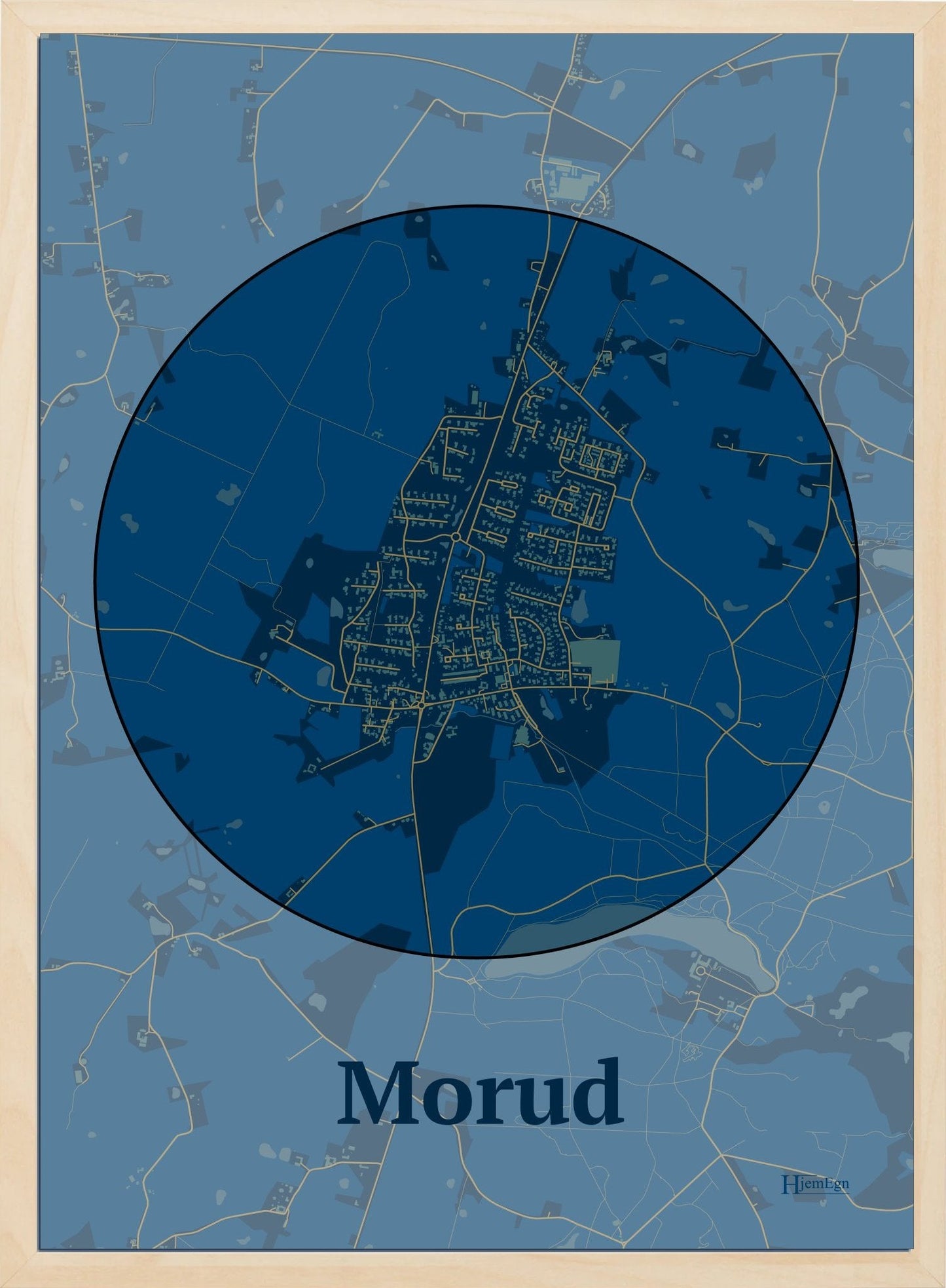 Morud plakat i farve mørk blå og HjemEgn.dk design centrum. Design bykort for Morud